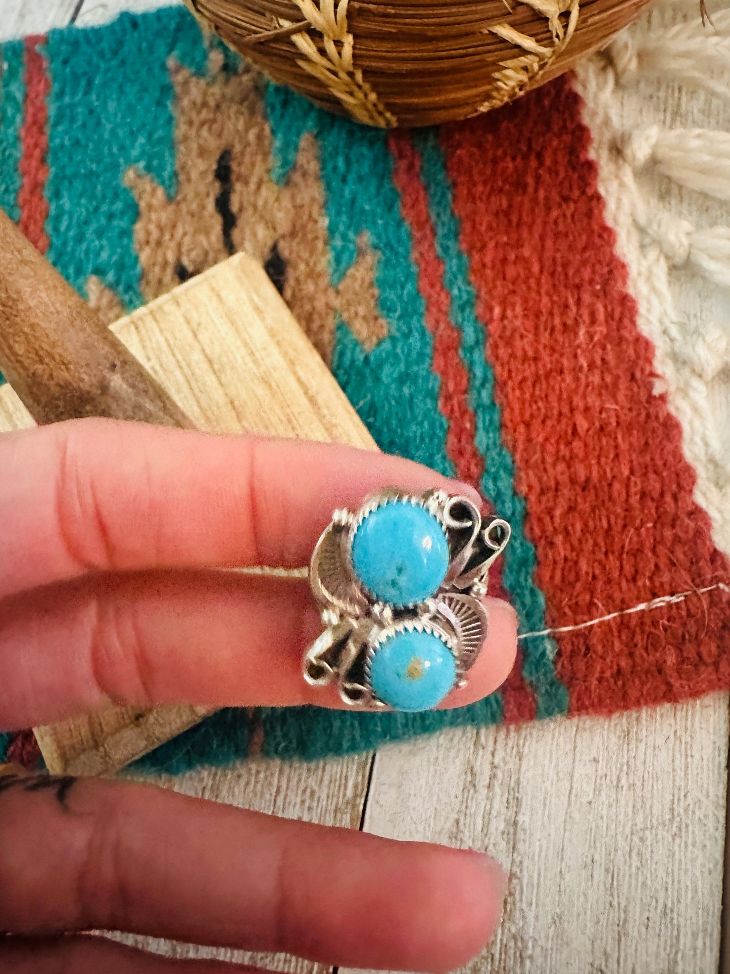 Navajo Turquoise & Sterling Silver Two Stone Ring Size 7.5