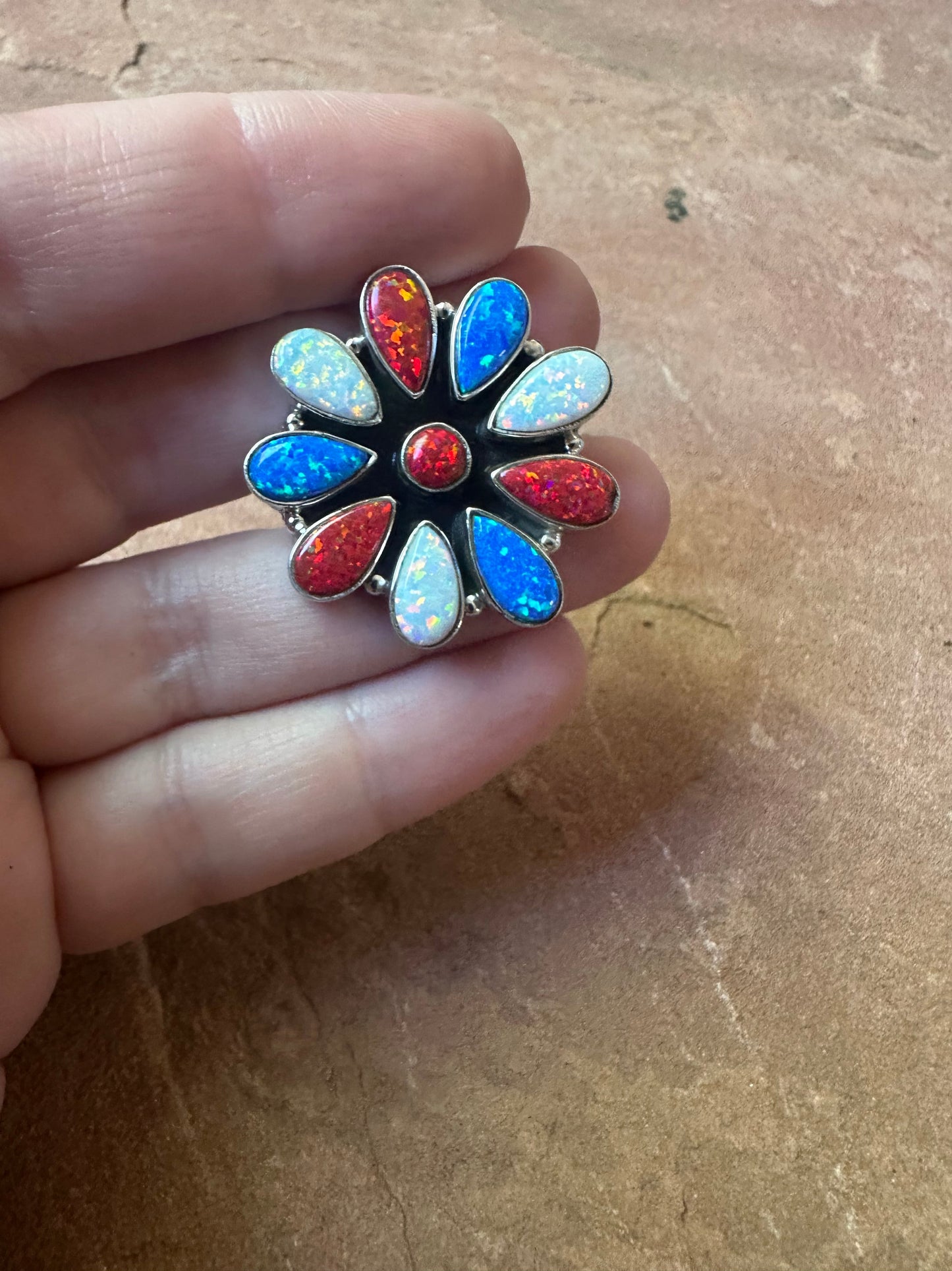 4TH OF JULY COLLECTION Handmade Red, White & Blue Fire Opal & Sterling Silver Adjustable Ring Signed Nizhoni