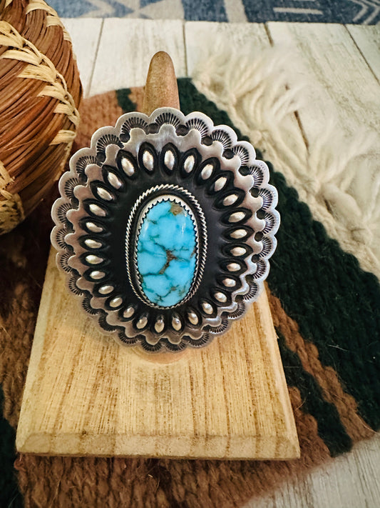 Navajo Turquoise & Sterling Silver Adjustable Concho Ring by Leander Tahe