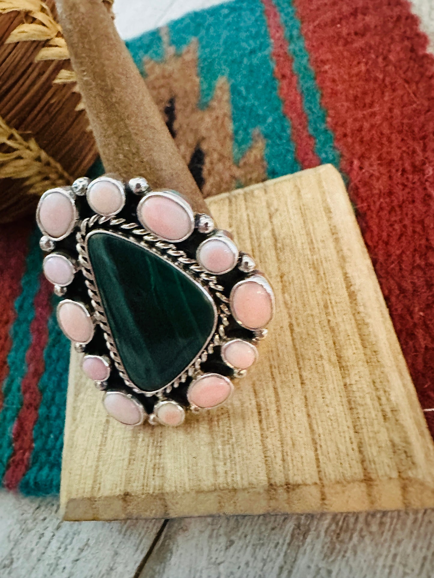 Navajo Sterling Silver, Queen Pink Conch & Malachite Cluster Adjustable Ring