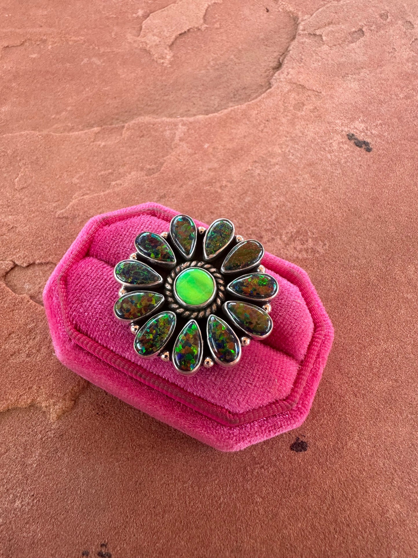 Beautiful Handmade Neon Opal, Navy Fire Opal And Sterling Silver Adjustable Flower Ring