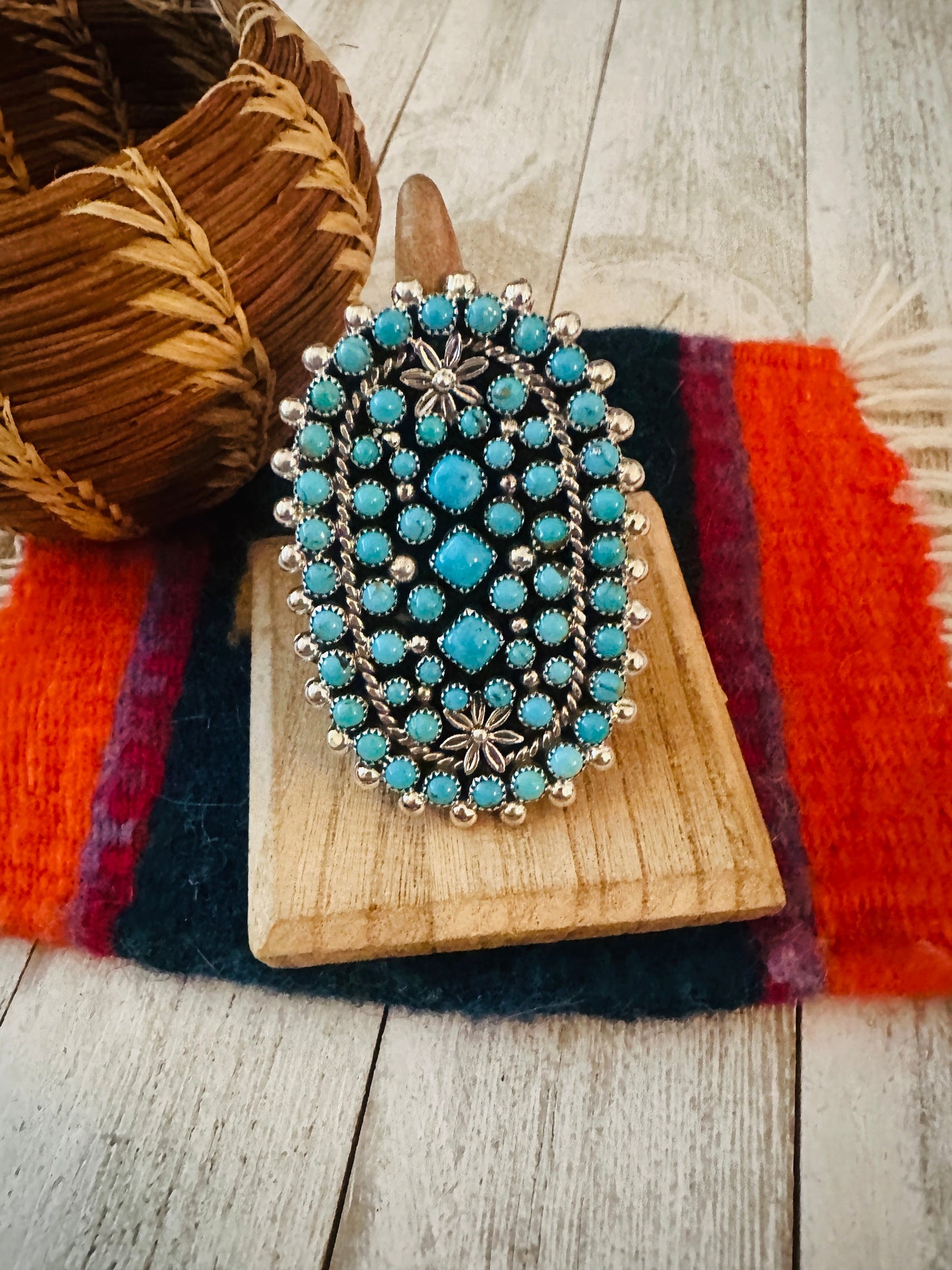 Navajo Sterling Silver & Turquoise Cluster Adjustable Ring