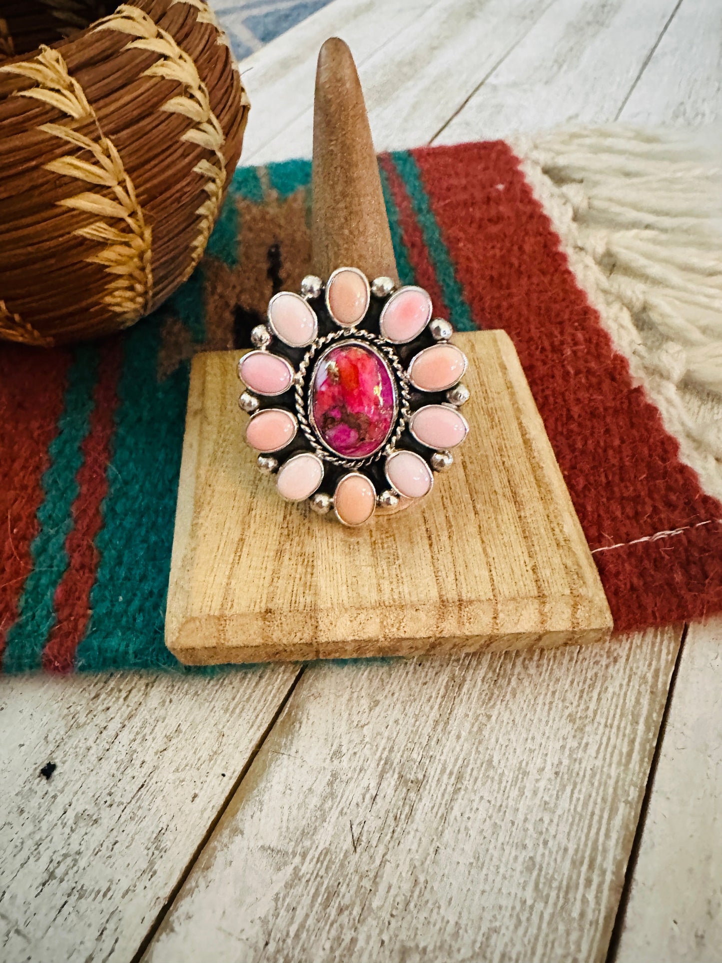 Navajo Sterling Silver, Queen Pink Conch & Pink Dream Cluster Adjustable Ring