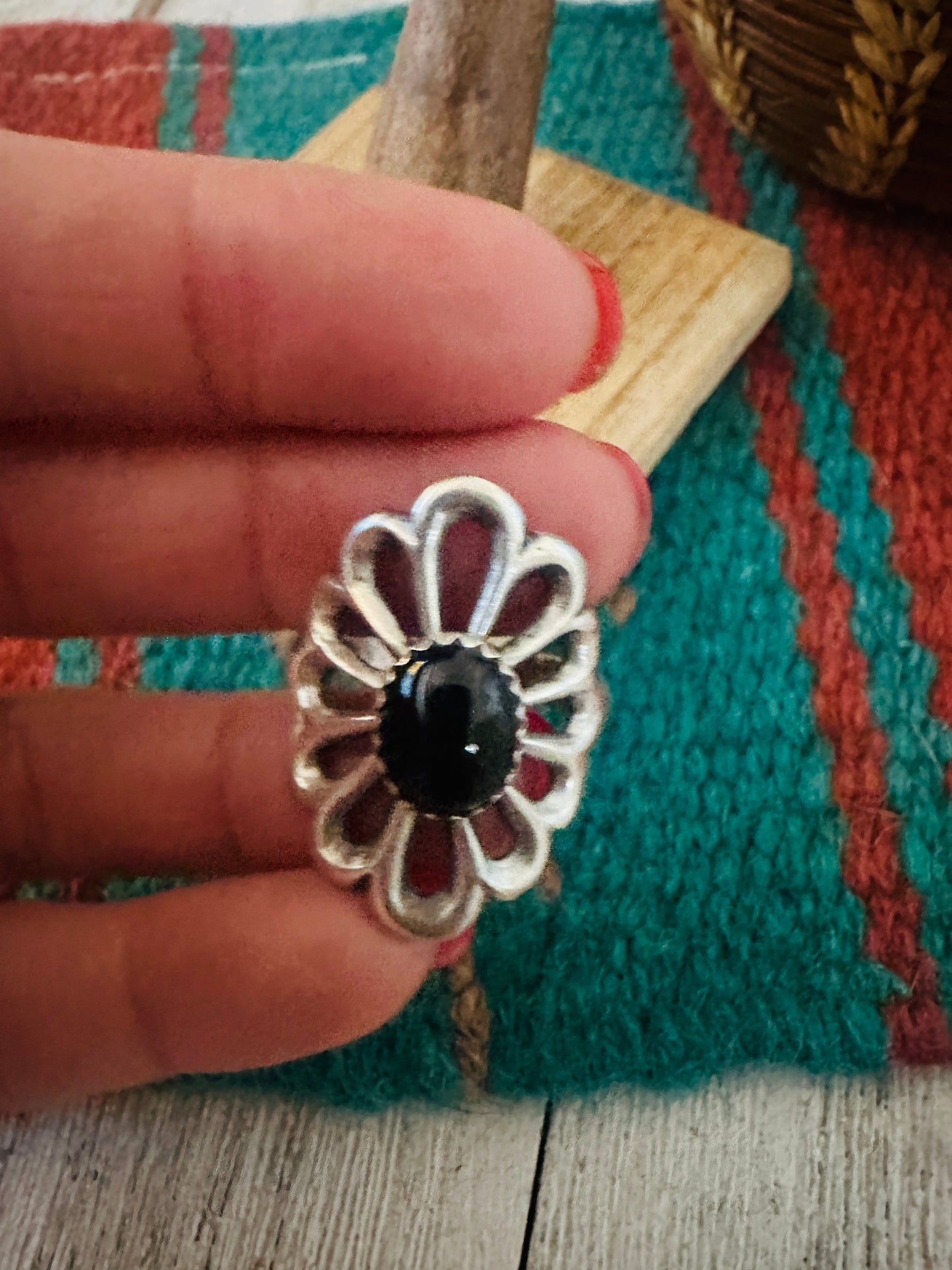 Navajo Sterling Silver & Onyx Flower Ring