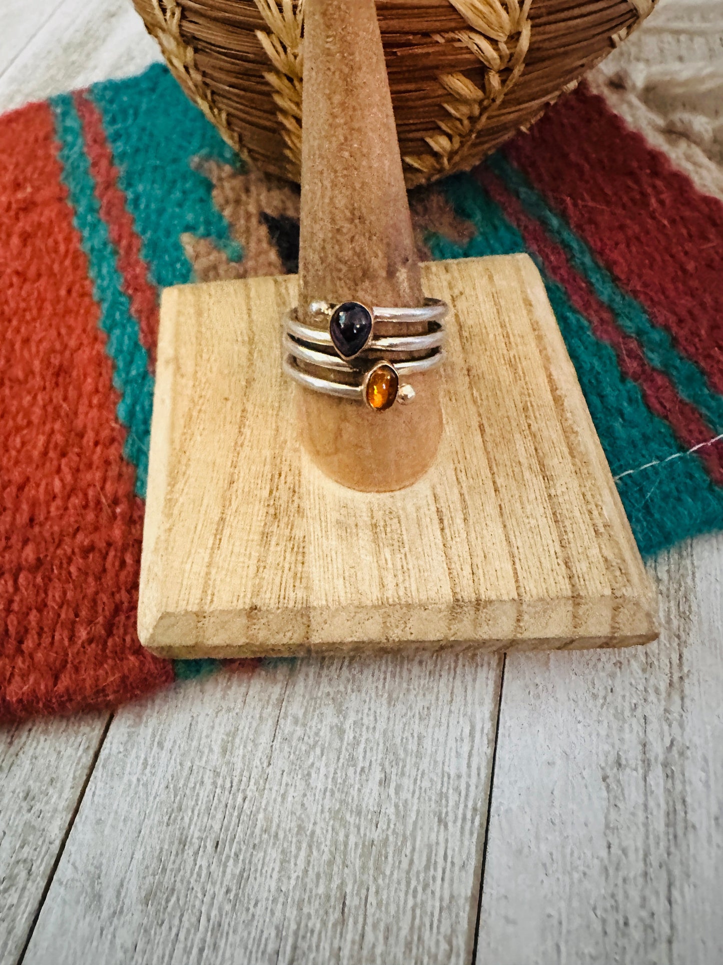 Navajo Amber, Amethyst & Sterling Silver Ring Size 8.5