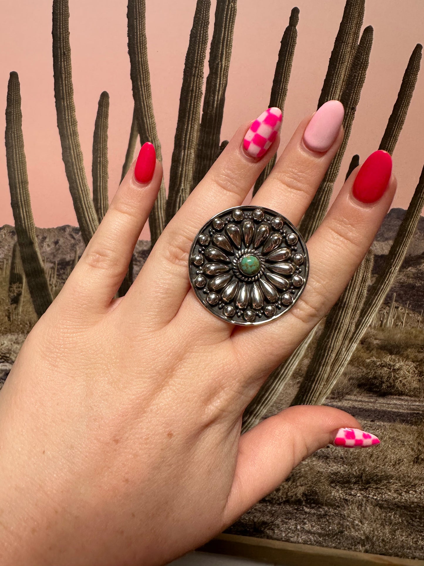 Beautiful Concho Handmade Turquoise And Sterling Silver Adjustable Ring