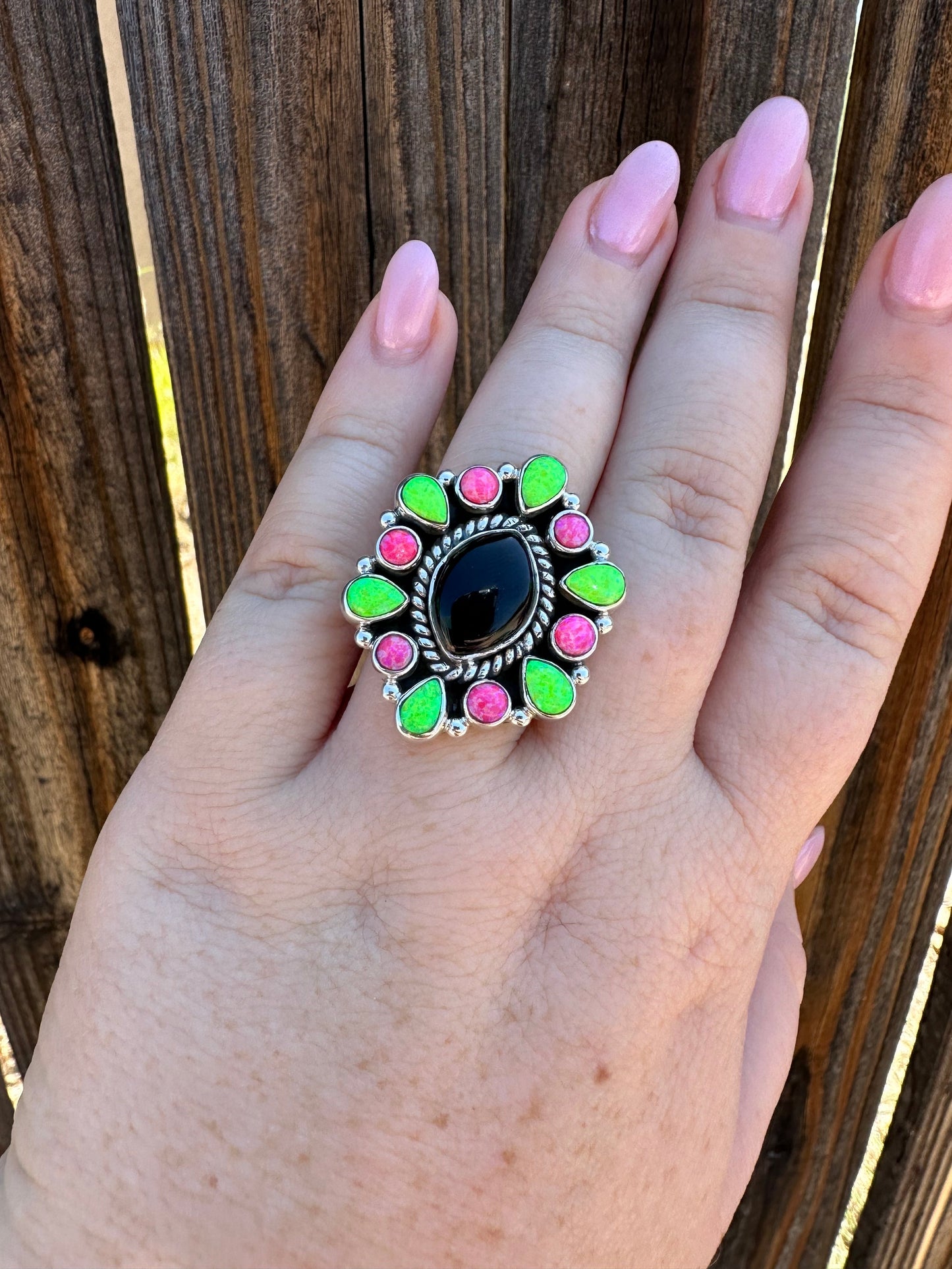 “Electric Glow” Black Onyx & Fire Opal & Sterling Silver Handmade Adjustable Ring