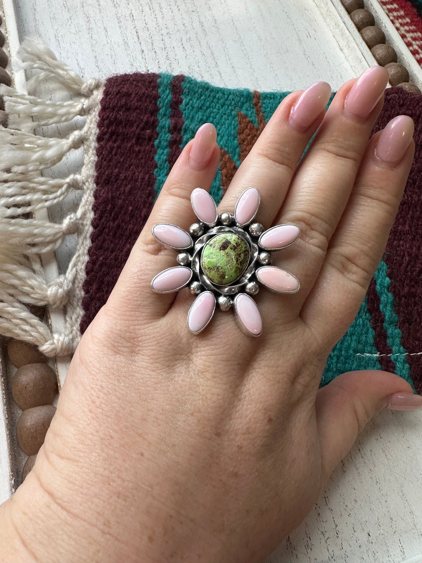 “Pink Blossom” Gorgeous Navajo Turquoise, Pink Conch And Sterling Silver Adjustable Flower Ring Signed