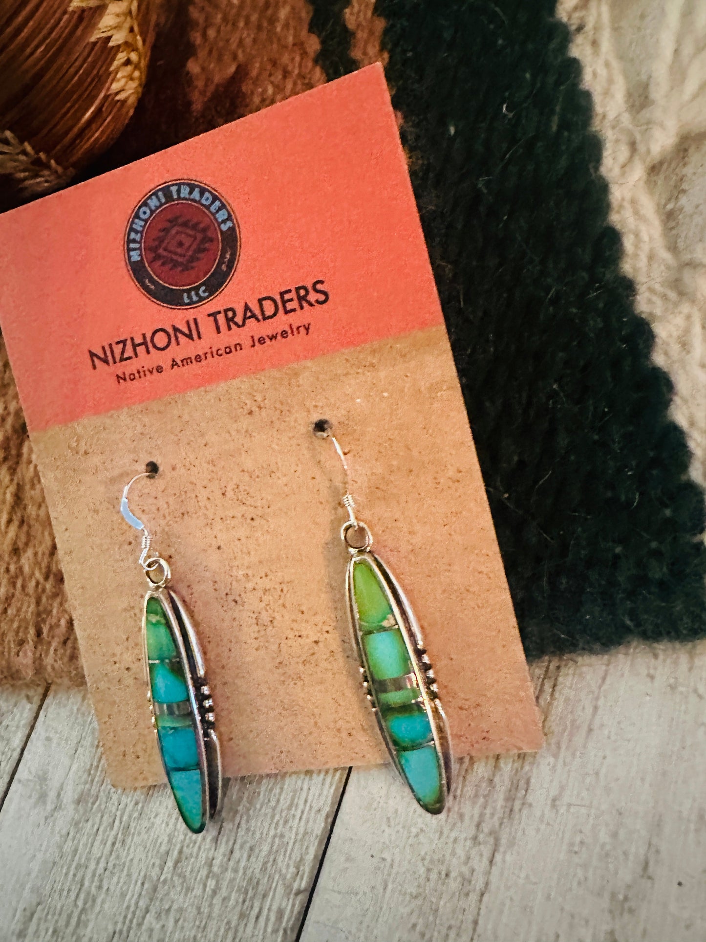 Navajo Sonoran Gold Turquoise And Sterling Silver Inlay Dangle Earrings