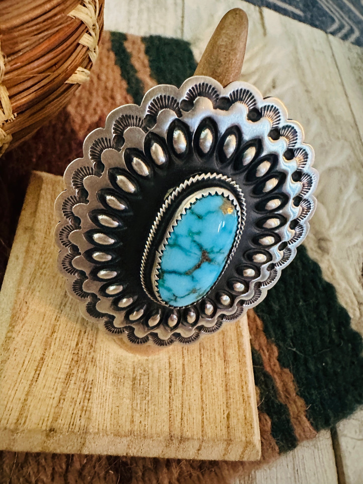 Navajo Turquoise & Sterling Silver Adjustable Concho Ring by Leander Tahe