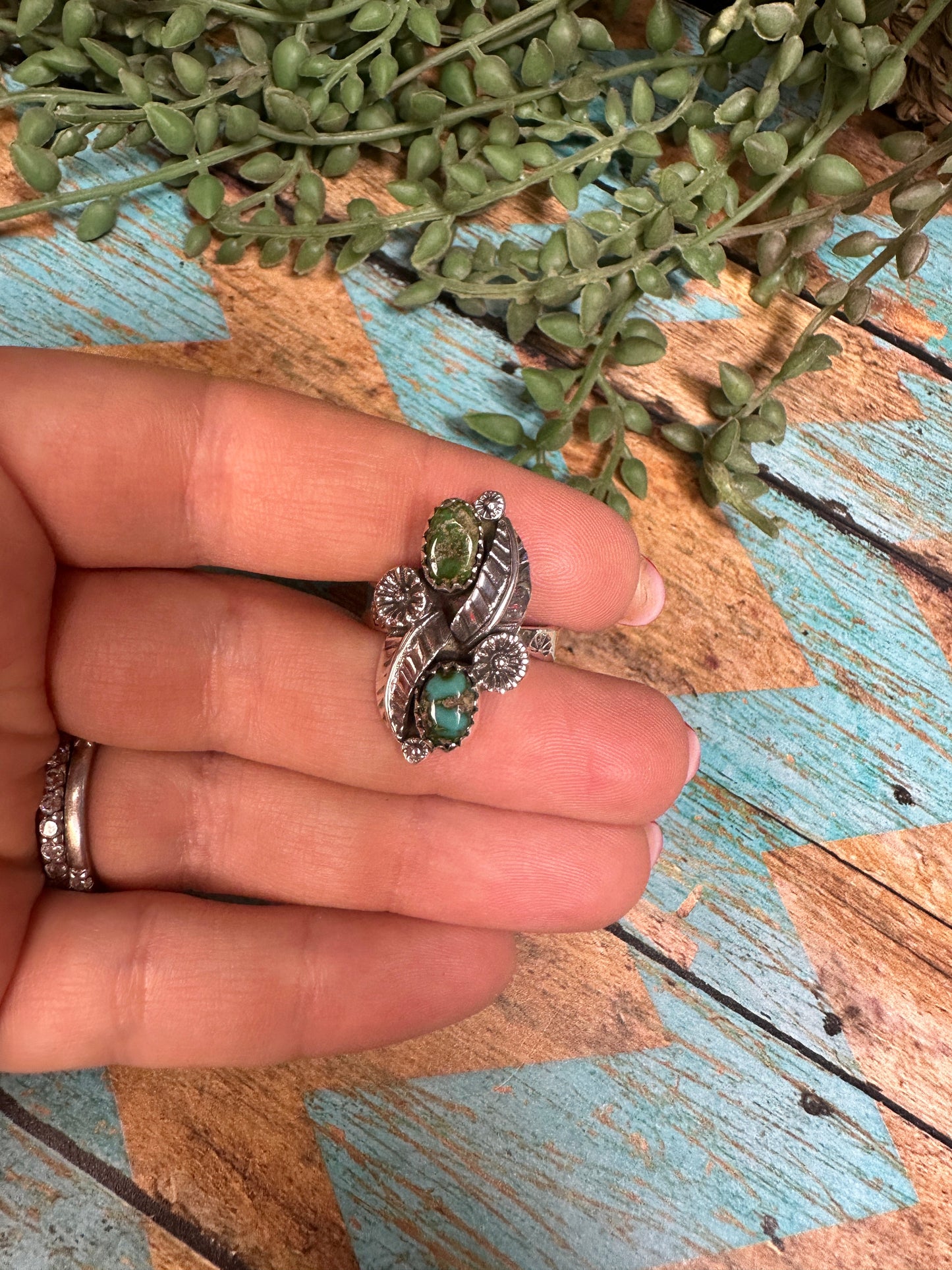 Beautiful Handmade Sonoran Mountain Turquoise And Sterling Silver Adjustable 2 Stone Flower Ring