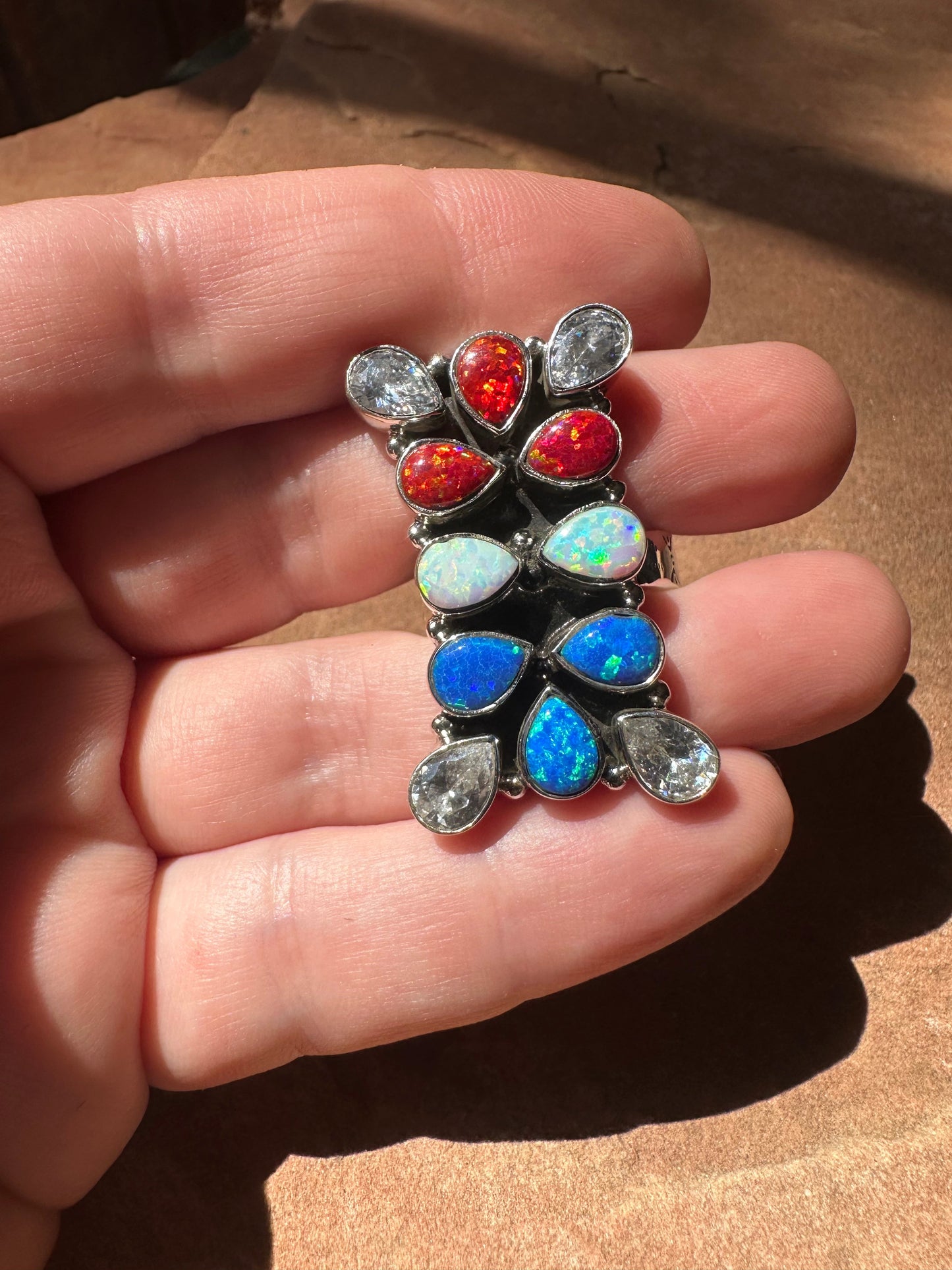 4TH OF JULY COLLECTION Handmade Red, White & Blue Fire Opal & Sterling Silver Adjustable Ring Signed Nizhoni