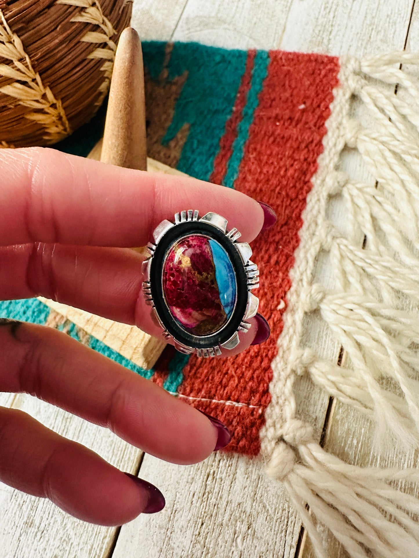 Navajo Sterling Silver & Pink Dream Mojave Adjustable Ring