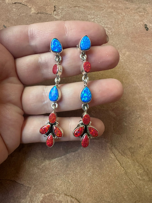 4th Of July Handmade Red, White & Blue Fire Opal and Sterling Silver Dangles