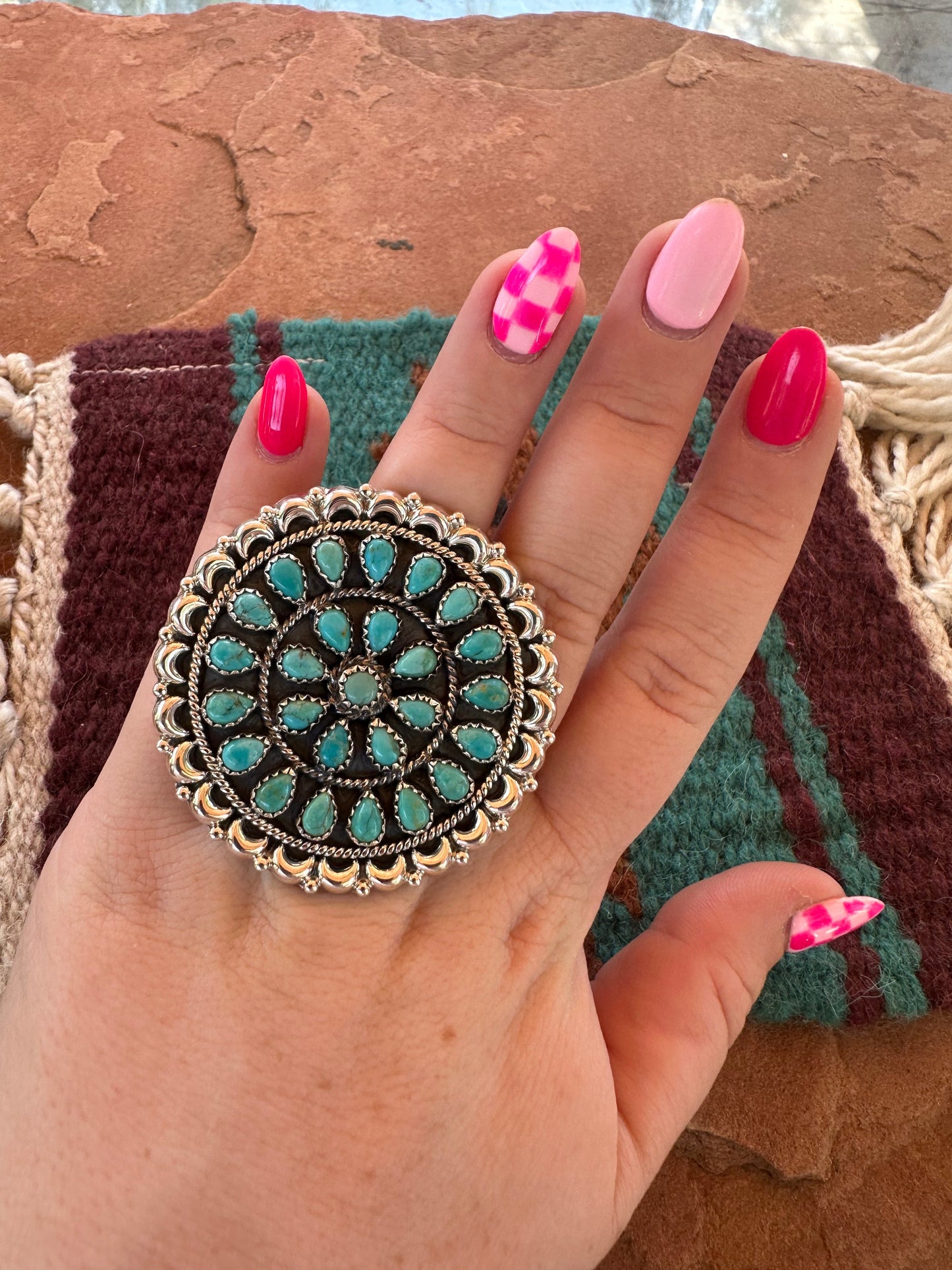 Handmade Sterling Silver & Turquoise Cluster Adjustable Ring by Nizhoni