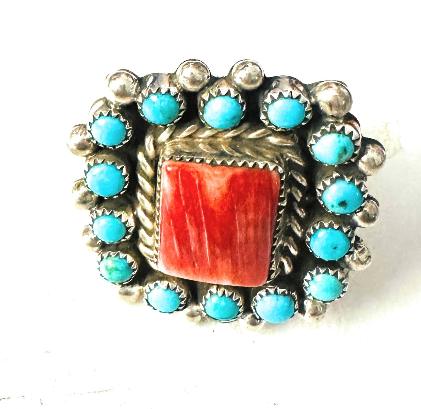 Navajo Sterling Silver, Spiny & Turquoise Cluster Adjustable Ring