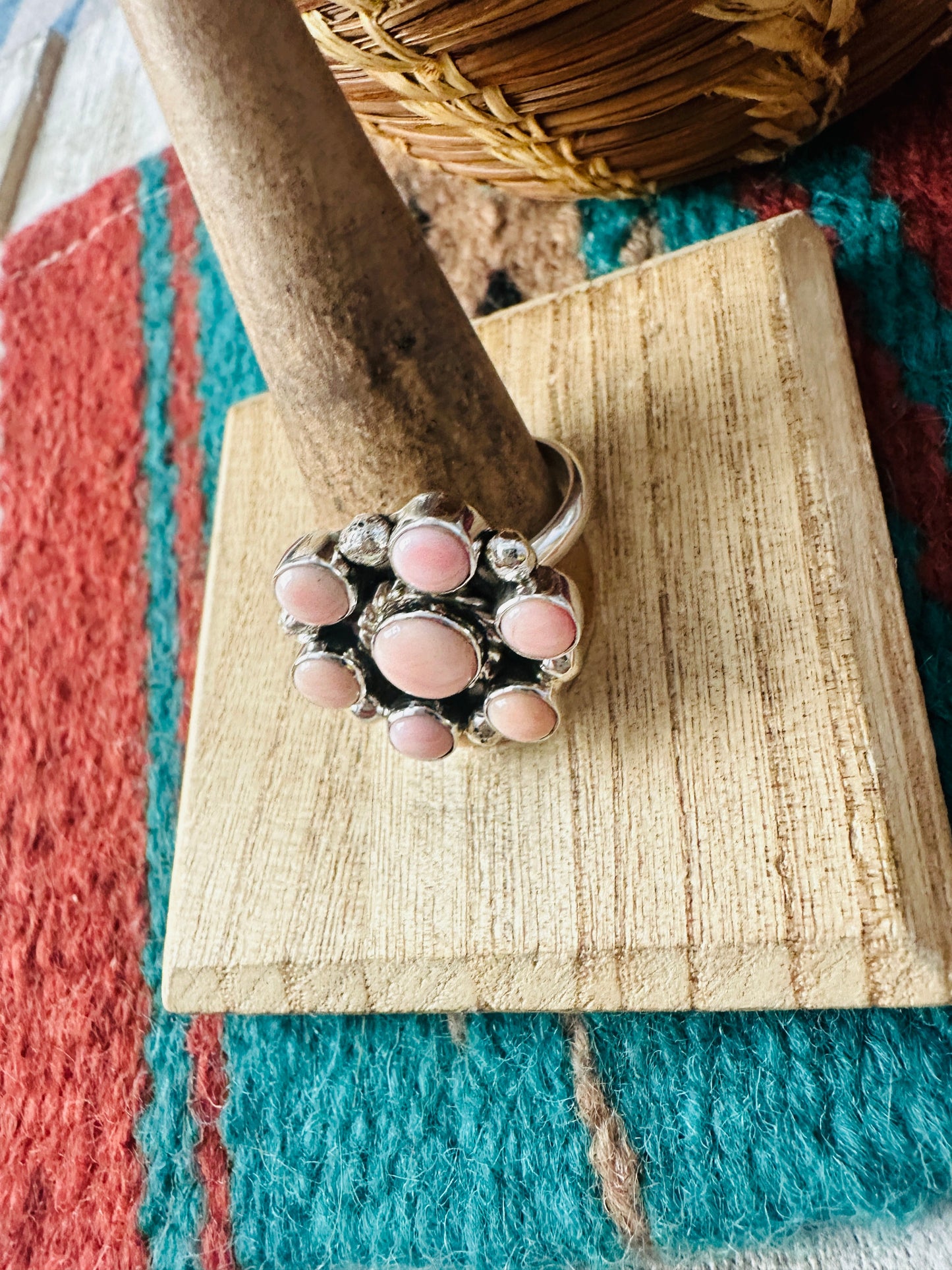 Navajo Sterling Silver & Queen Pink Conch Cluster Adjustable Ring