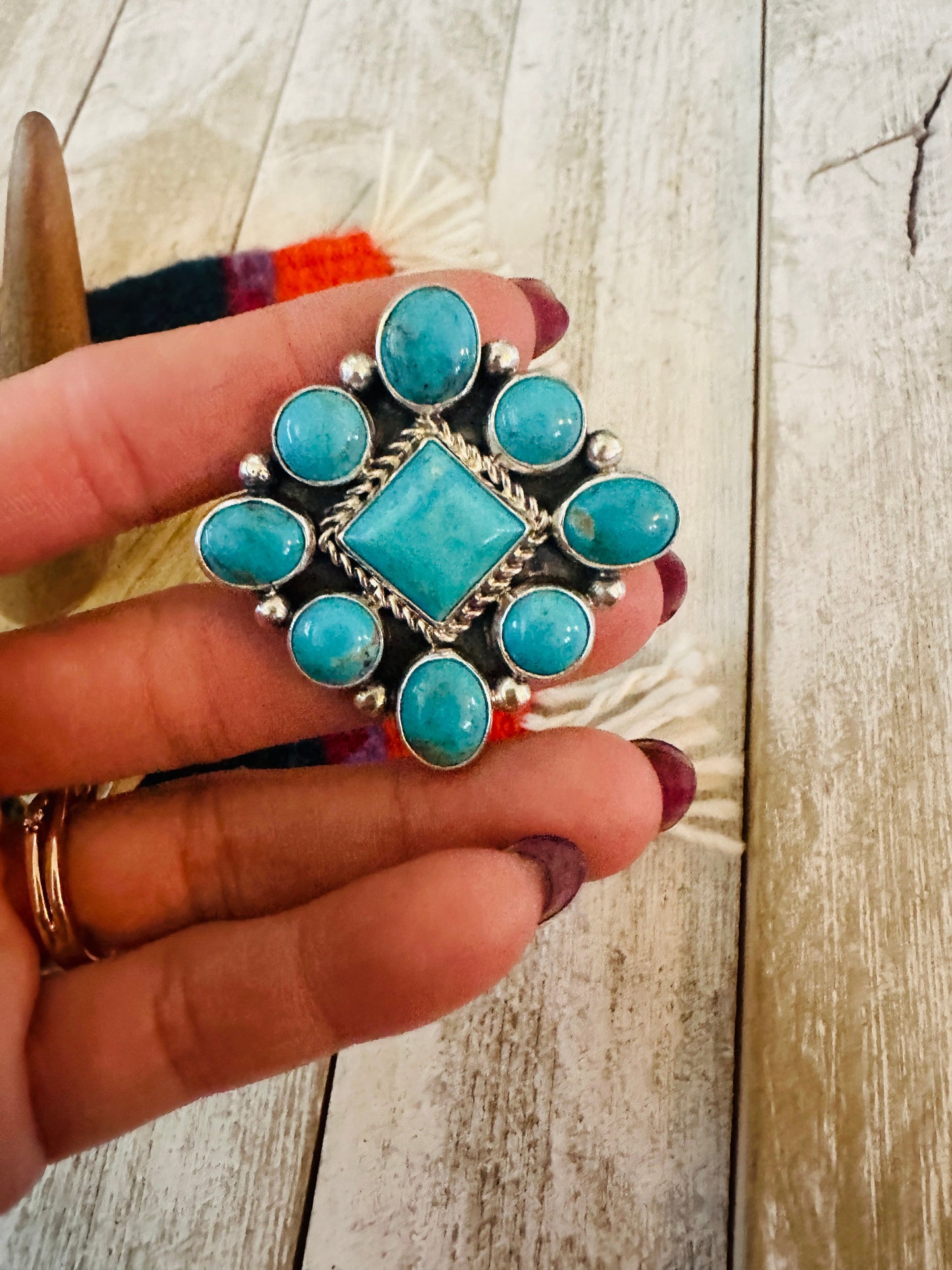 Navajo Sterling Silver & Turquoise Cluster Adjustable Ring