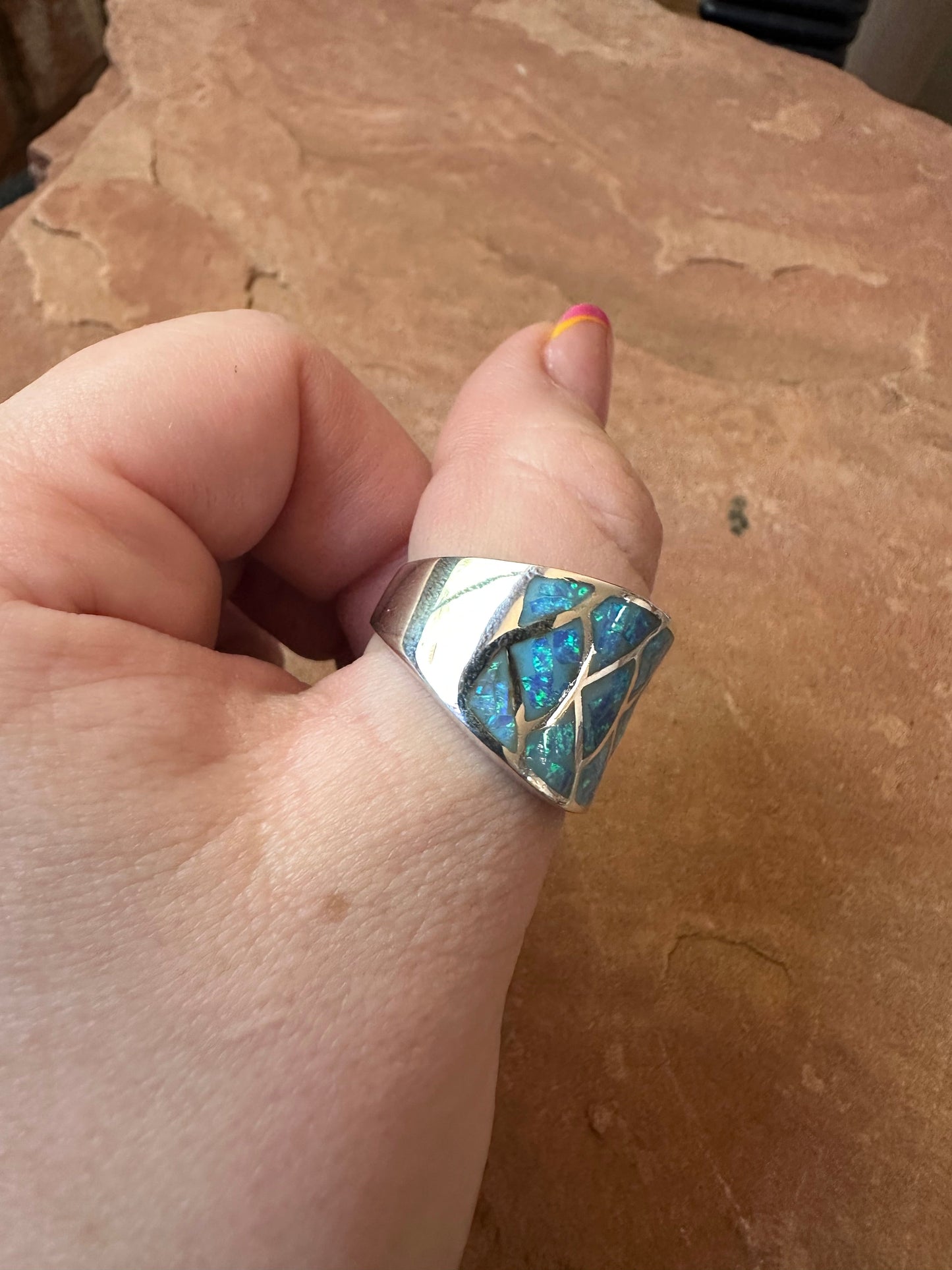 Beautiful Handmade Blue Fire Opal And Sterling Silver Ring