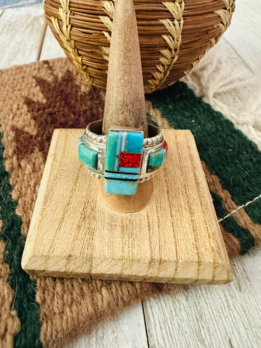 Navajo Sterling Silver & Multi Stone Inlay Ring Size 13