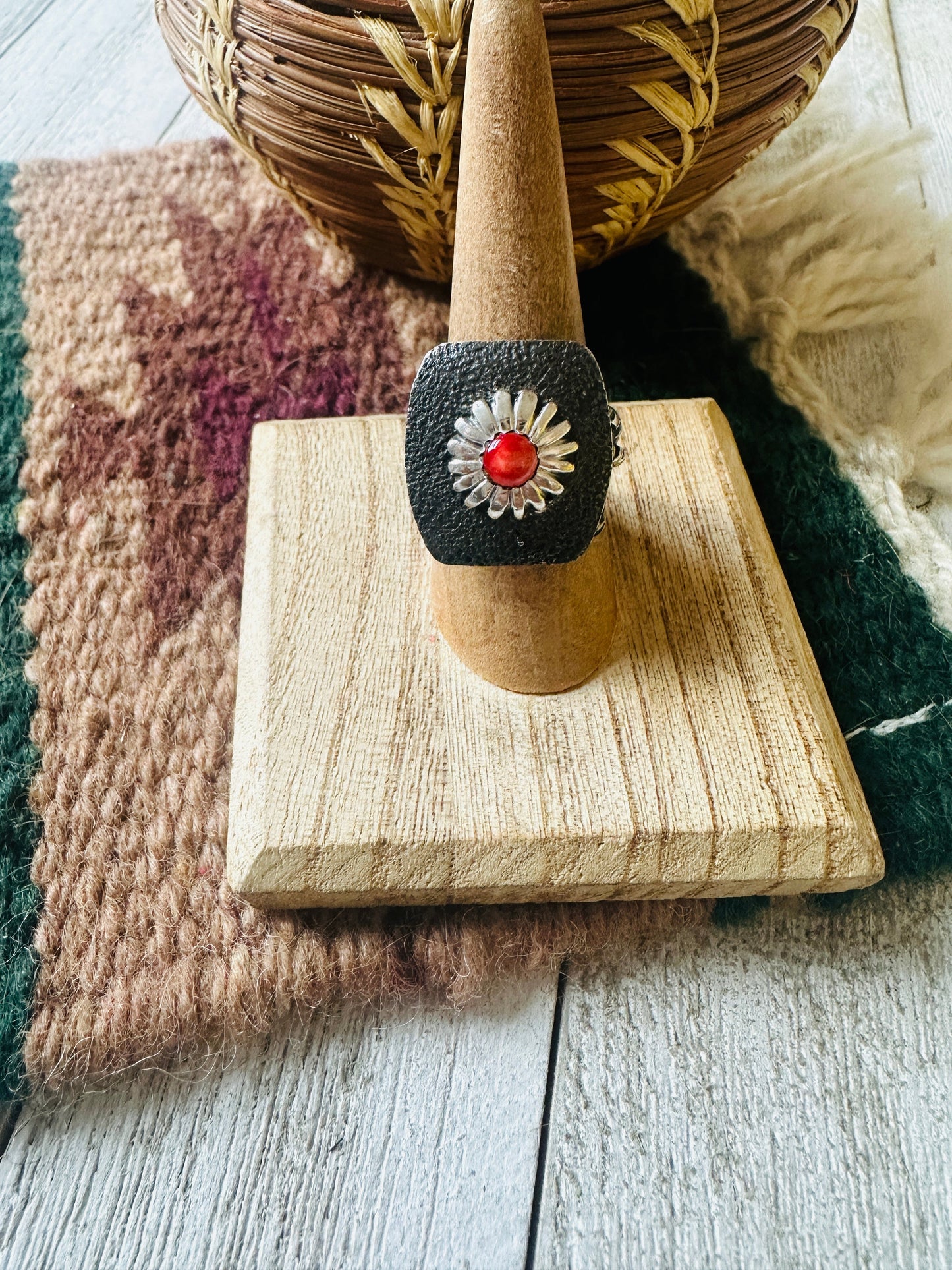 Navajo Sterling Silver & Red Spiny Concho Adjustable Ring