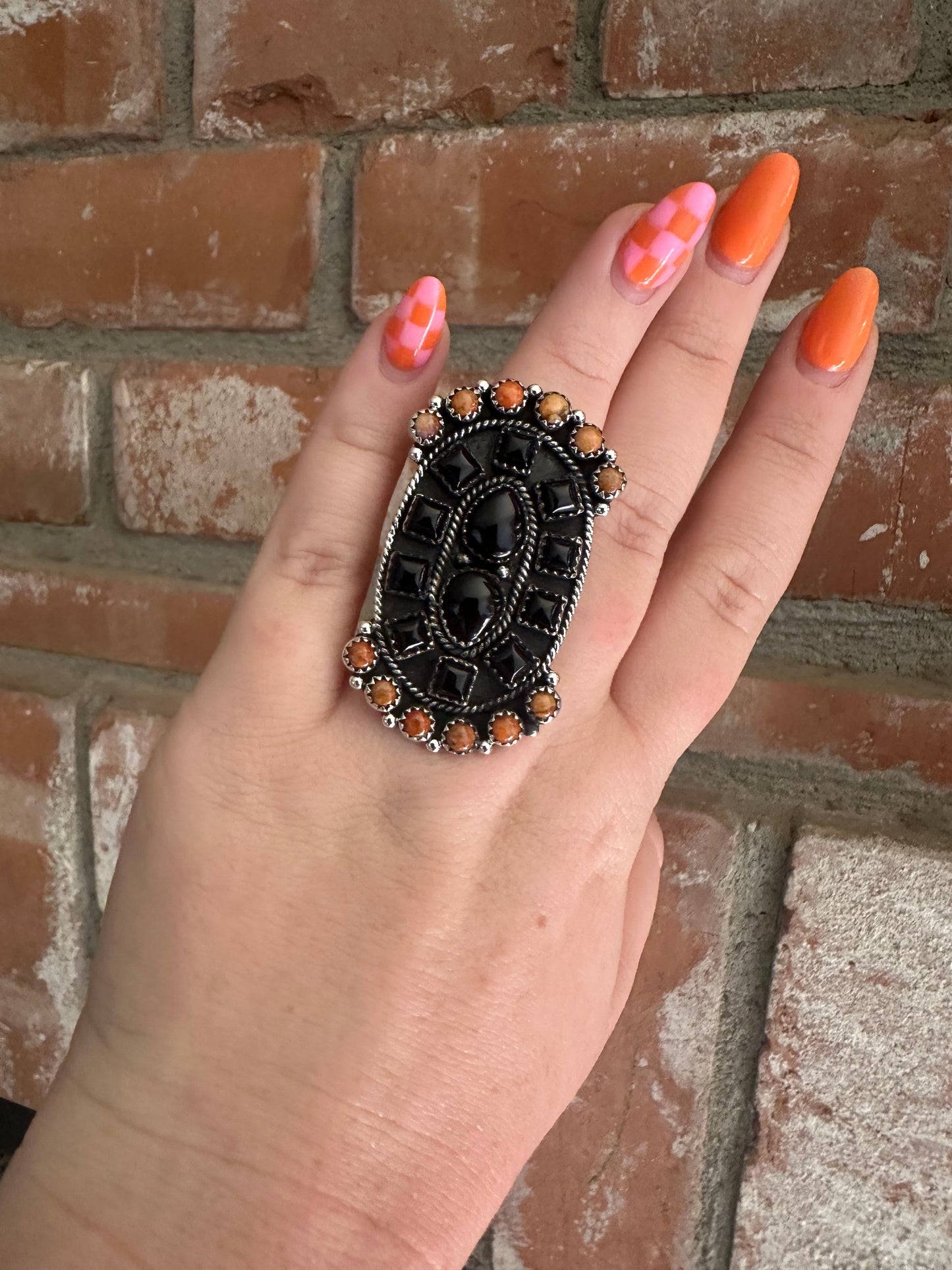 Beautiful Handmade Sterling Silver, Onyx & Orange Mojave Adjustable Ring