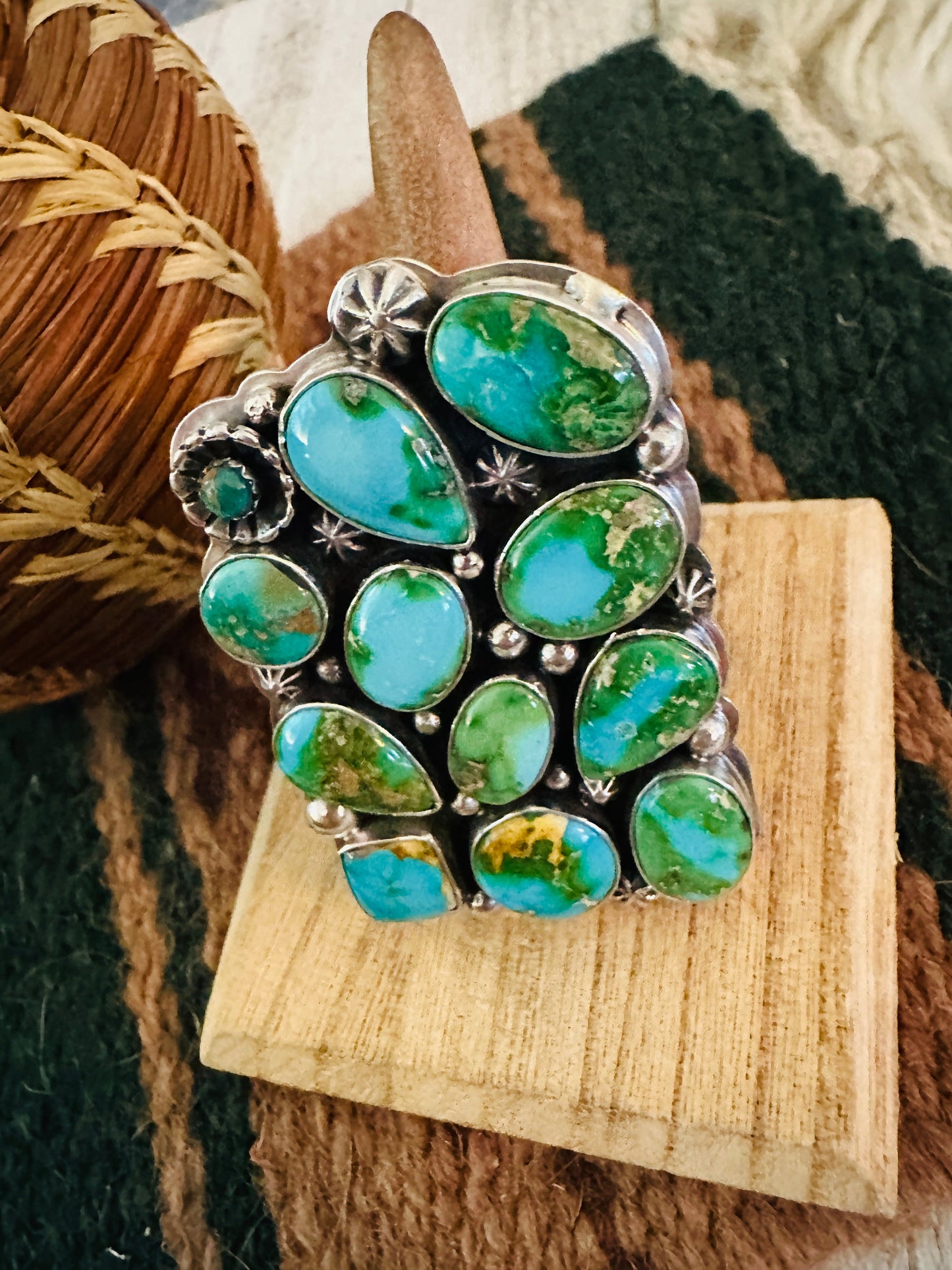 Navajo Sonoran Mountain Turquoise & Sterling Silver Adjustable Cluster Ring