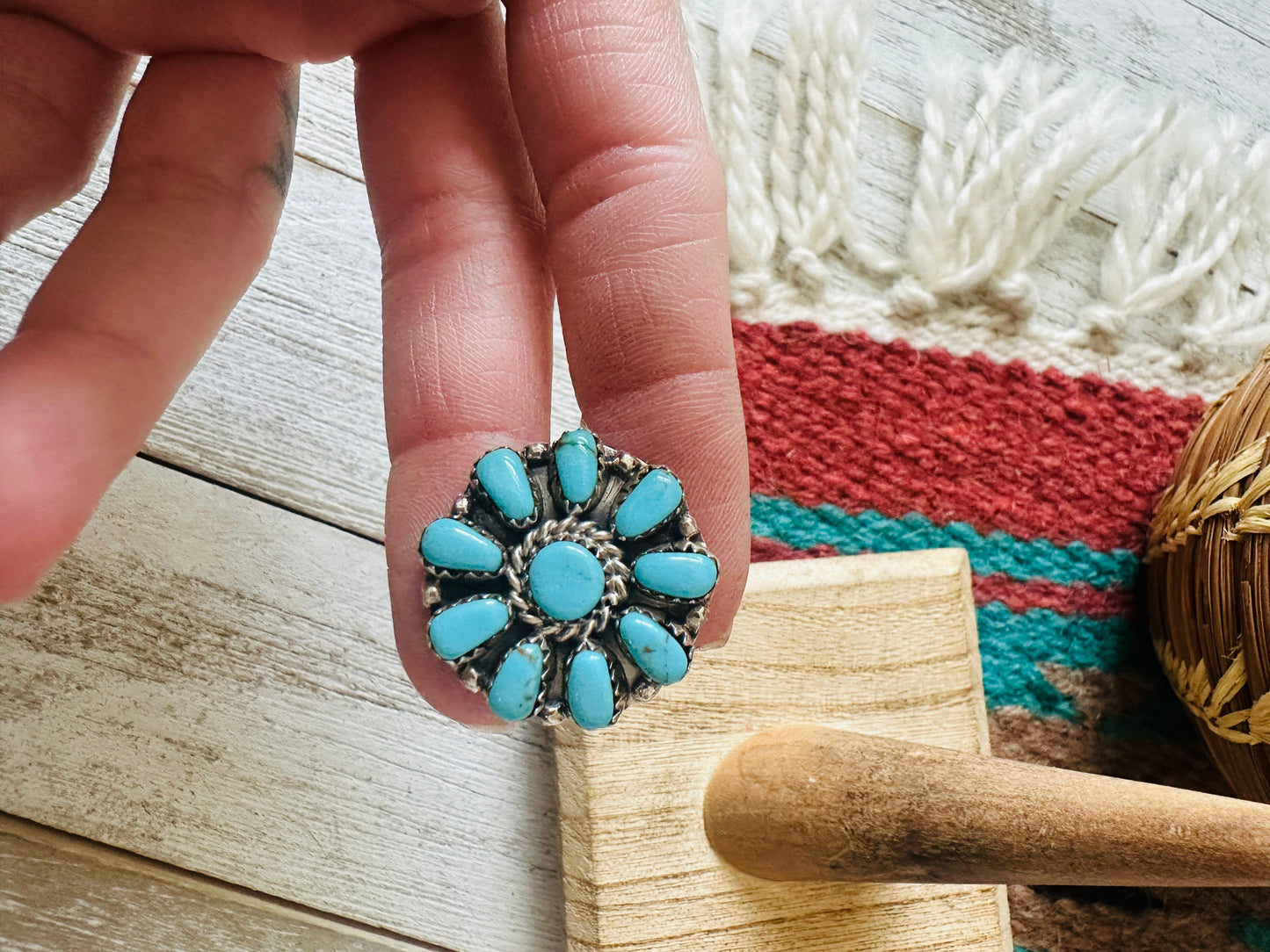 Navajo Sterling Silver & Kingman Turquoise Ring Size 10