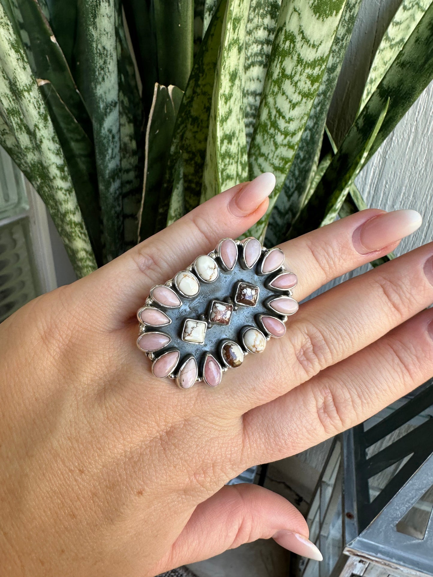 Beautiful Handmade Wild Horse, Pink Conch And Sterling Silver Adjustable Cluster Ring