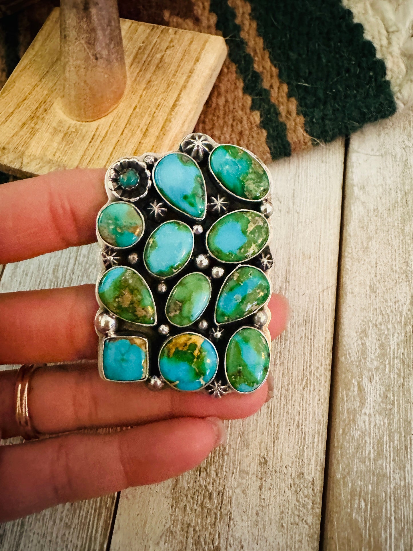 Navajo Sonoran Mountain Turquoise & Sterling Silver Adjustable Cluster Ring