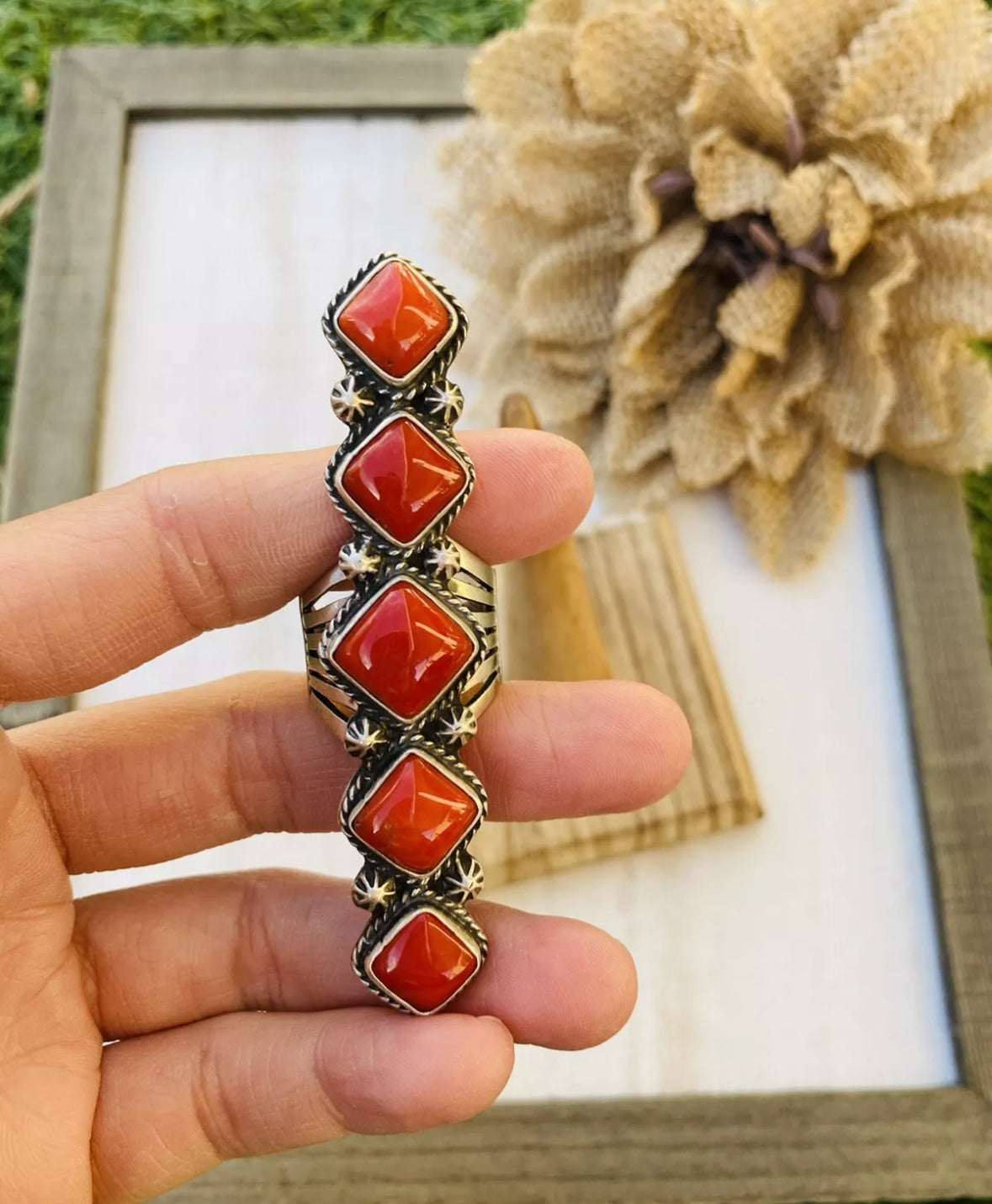 Navajo Coral & Sterling Silver Statement Ring Size 8