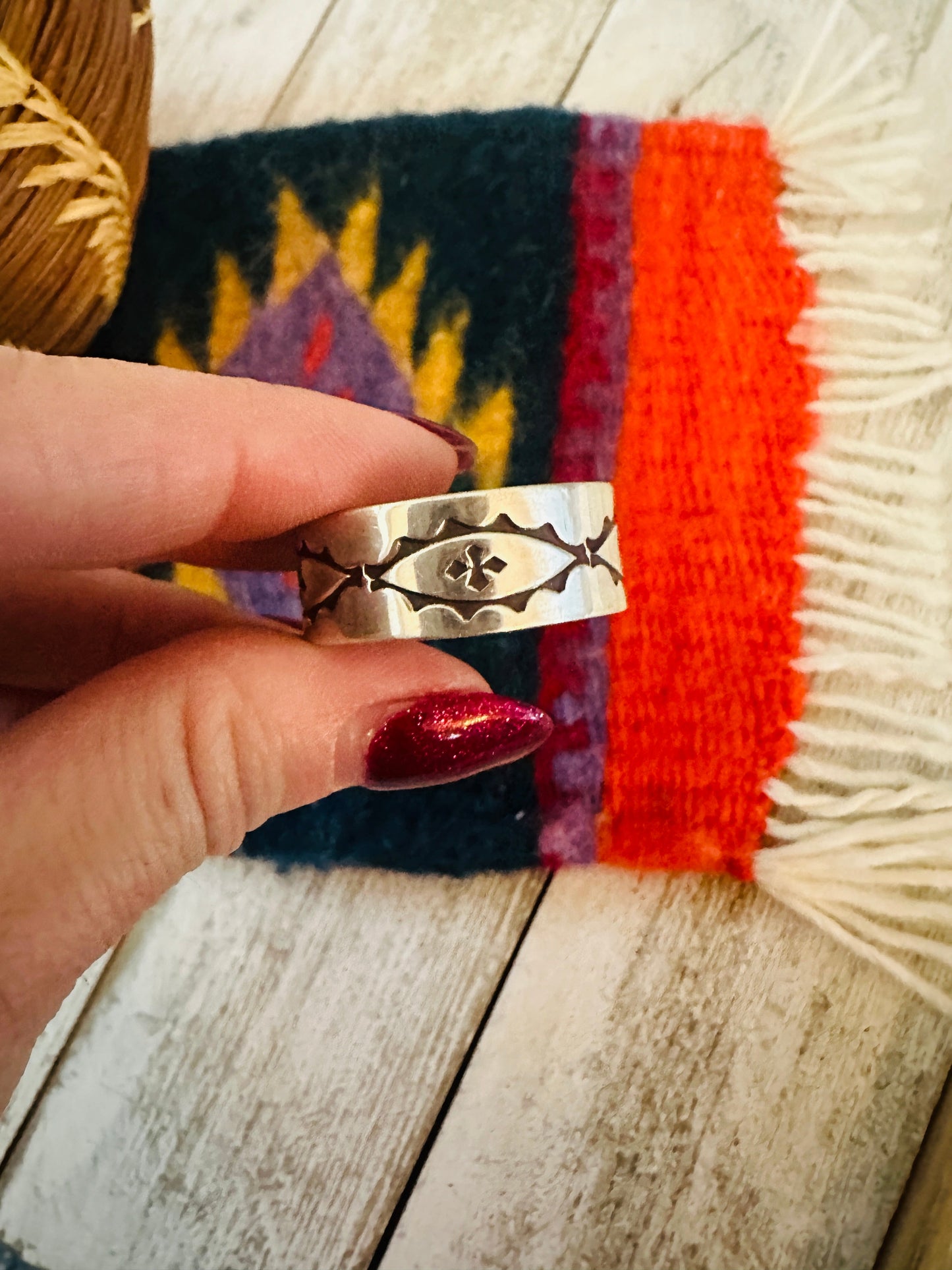 Navajo Hand Stamped Sterling Silver Band Ring Size 15