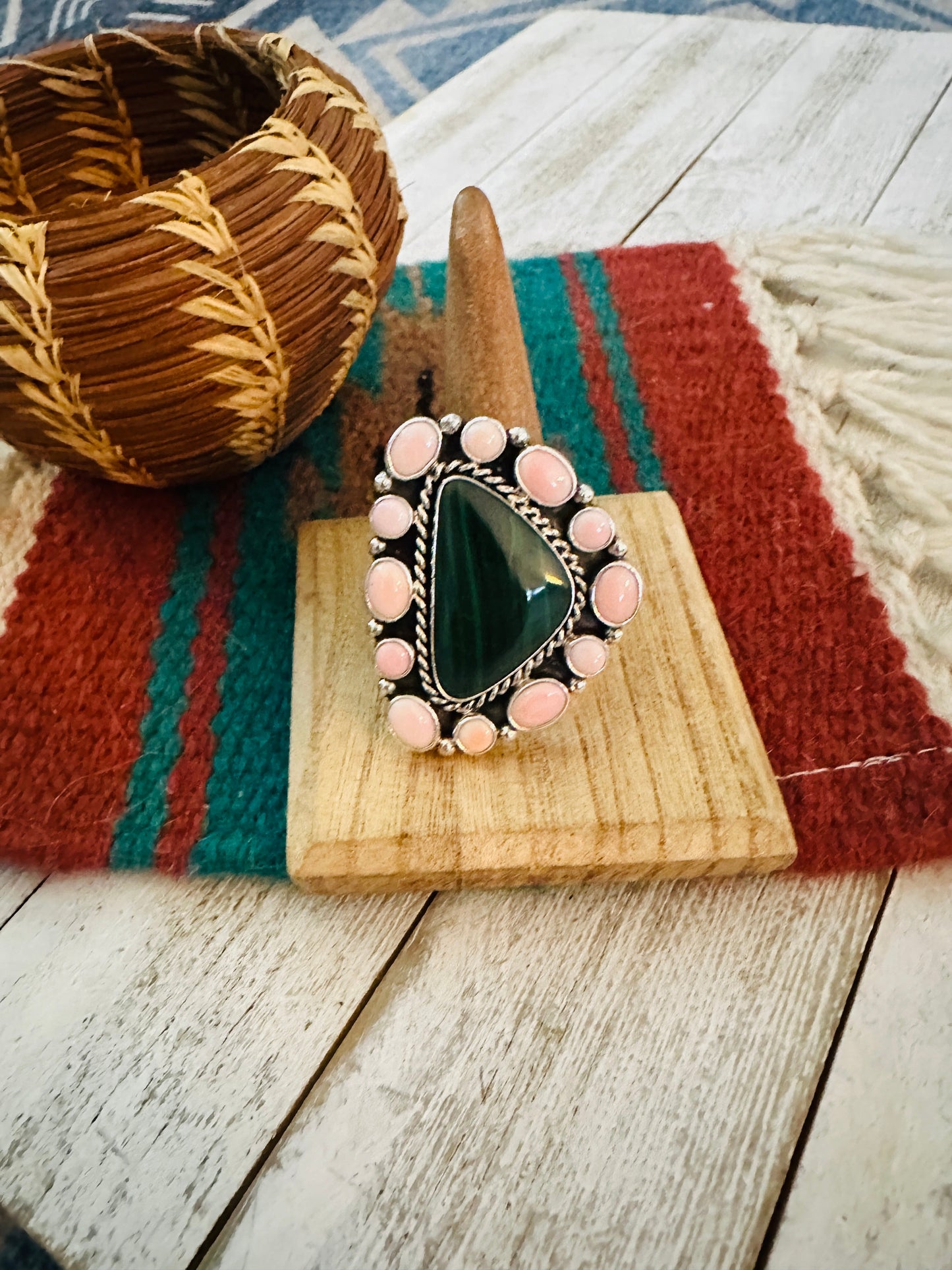 Navajo Sterling Silver, Queen Pink Conch & Malachite Cluster Adjustable Ring