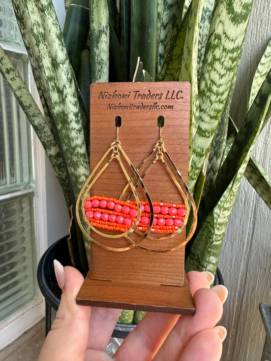 “The Golden Collection” Goldie Double Hoop Handmade Coral Colored Beaded & 14k Gold Plated Earrings