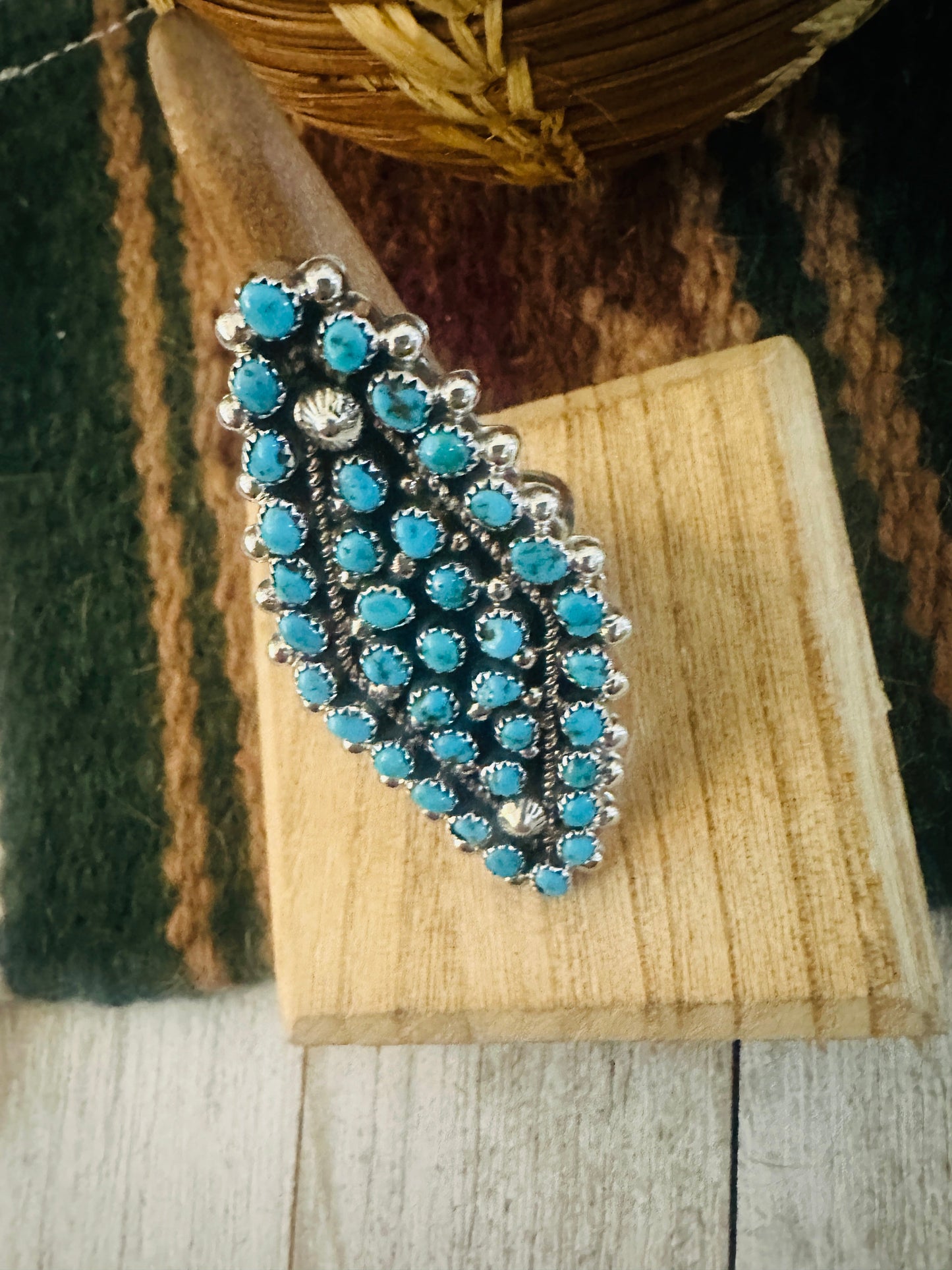 Navajo Sterling Silver & Turquoise Cluster Adjustable Ring