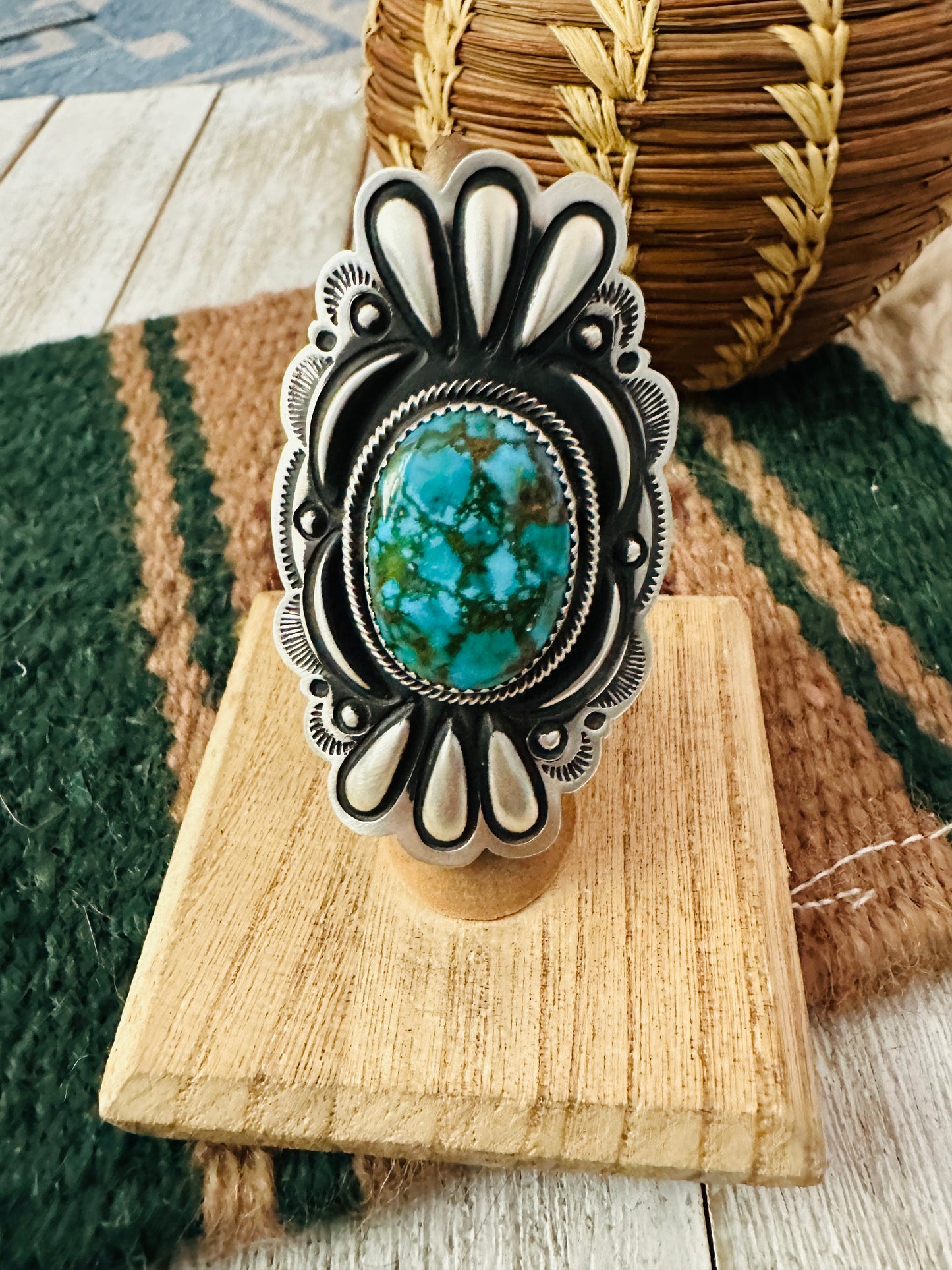 Navajo Turquoise & Sterling Silver Adjustable Concho Ring by Leander Tahe