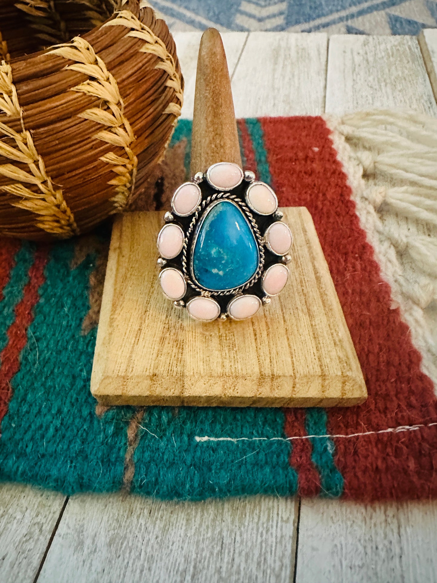 Navajo Sterling Silver, Queen Pink Conch & Turquoise Cluster Adjustable Ring