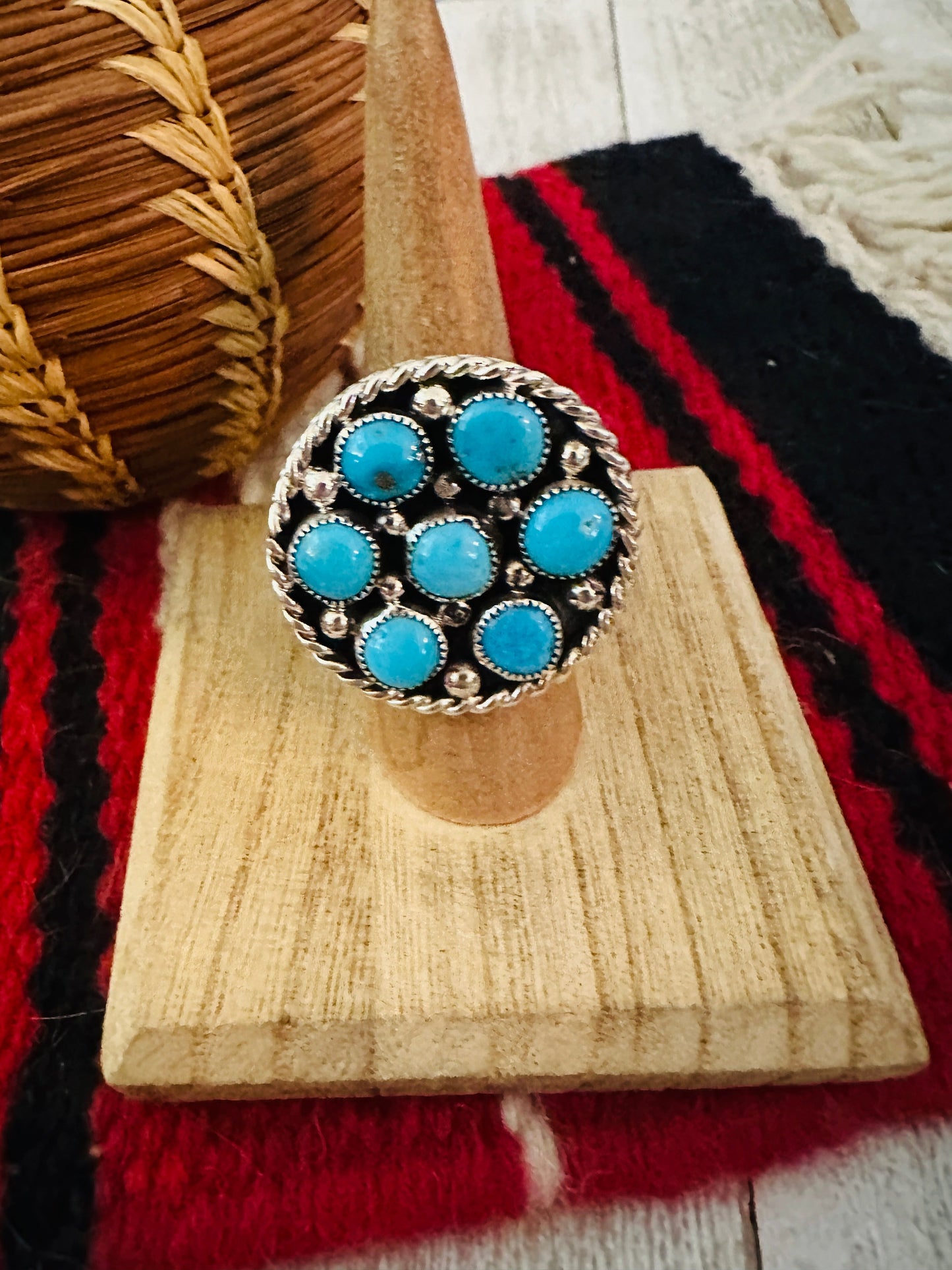 Navajo Sterling Silver & Kingman Turquoise Cluster Adjustable Ring