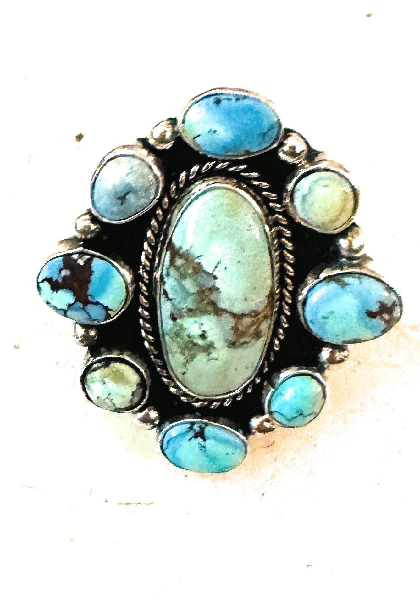 Navajo Sterling Silver & Golden Hills Turquoise Cluster Adjustable Ring