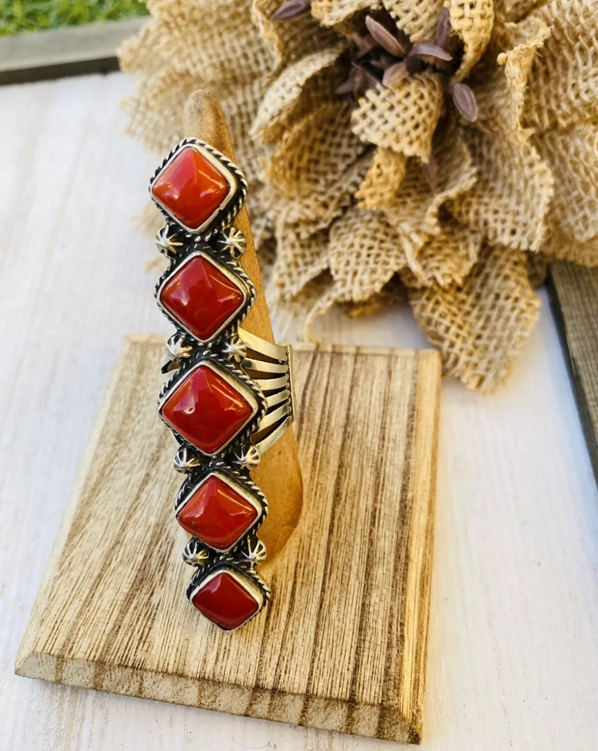 Navajo Coral & Sterling Silver Statement Ring Size 8