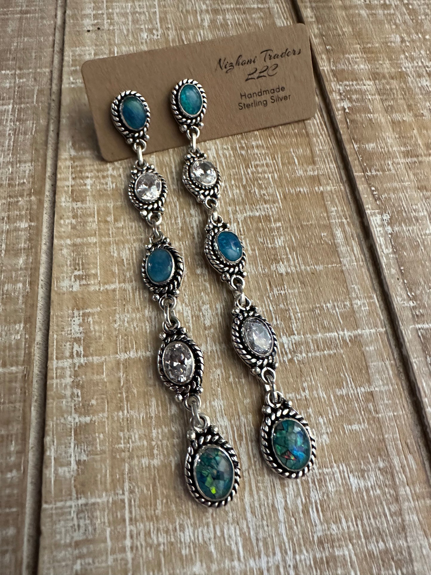 Blue Fire Opal and CZ Sterling Silver Handmade Dangles