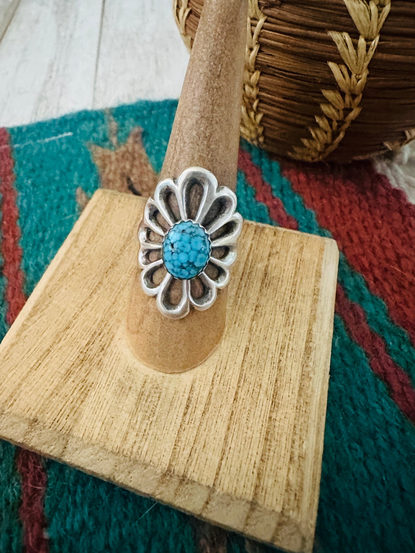 Navajo Sterling Silver & Kingman Turquoise Flower Ring