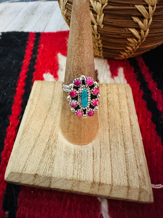 Navajo Sterling Silver, Pink Dream Mojave & Turquoise Cluster Adjustable Ring