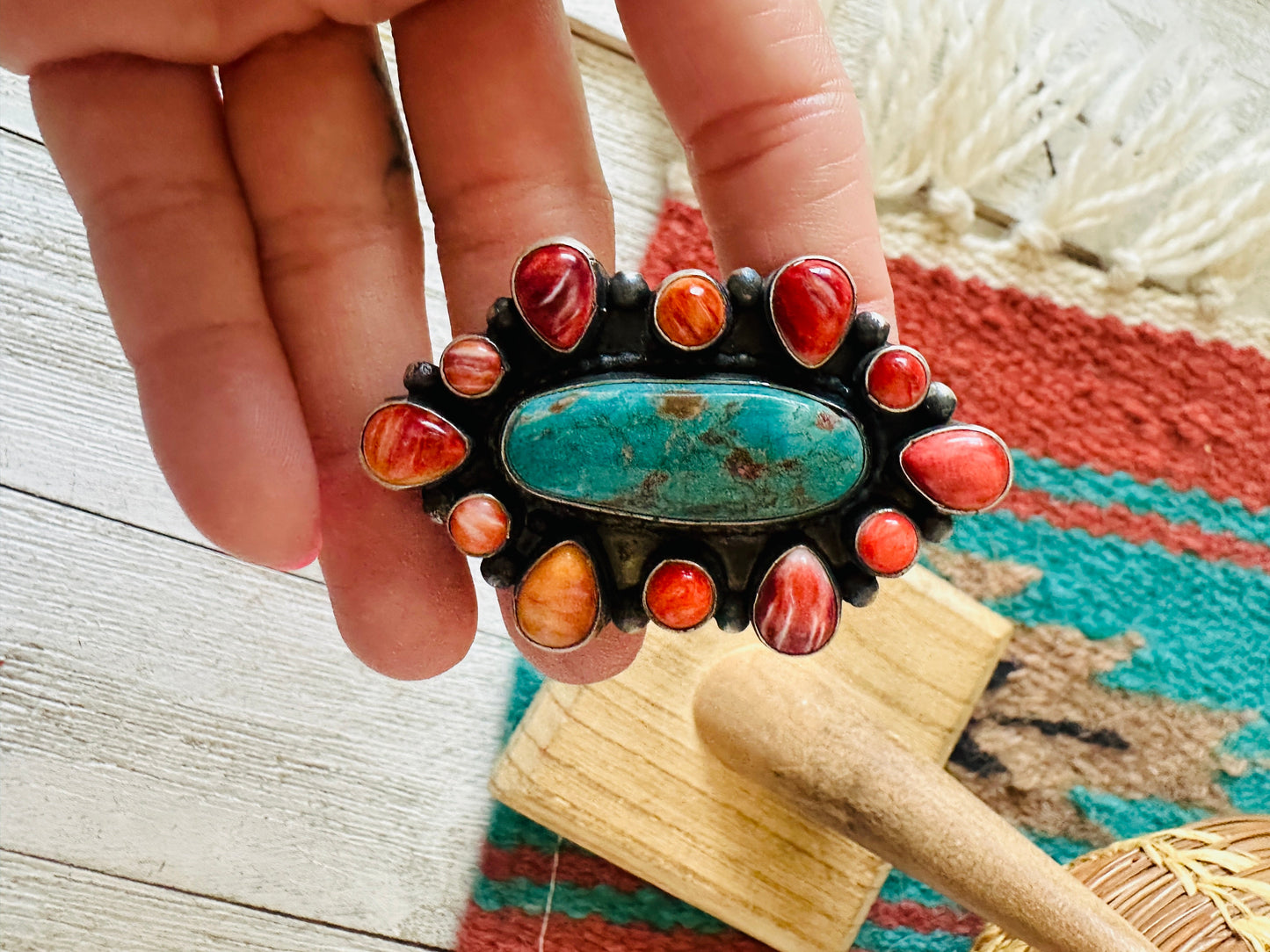 Navajo Sterling Silver, Spiny & Turquoise Cluster Ring Size 7