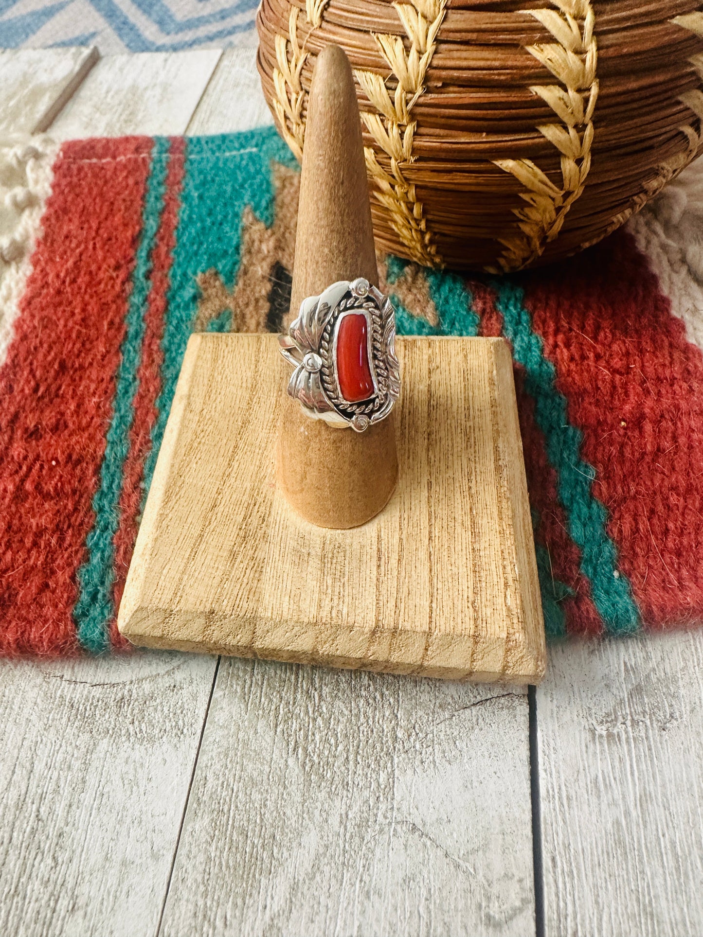 Navajo Coral & Sterling Silver Ring Size 6