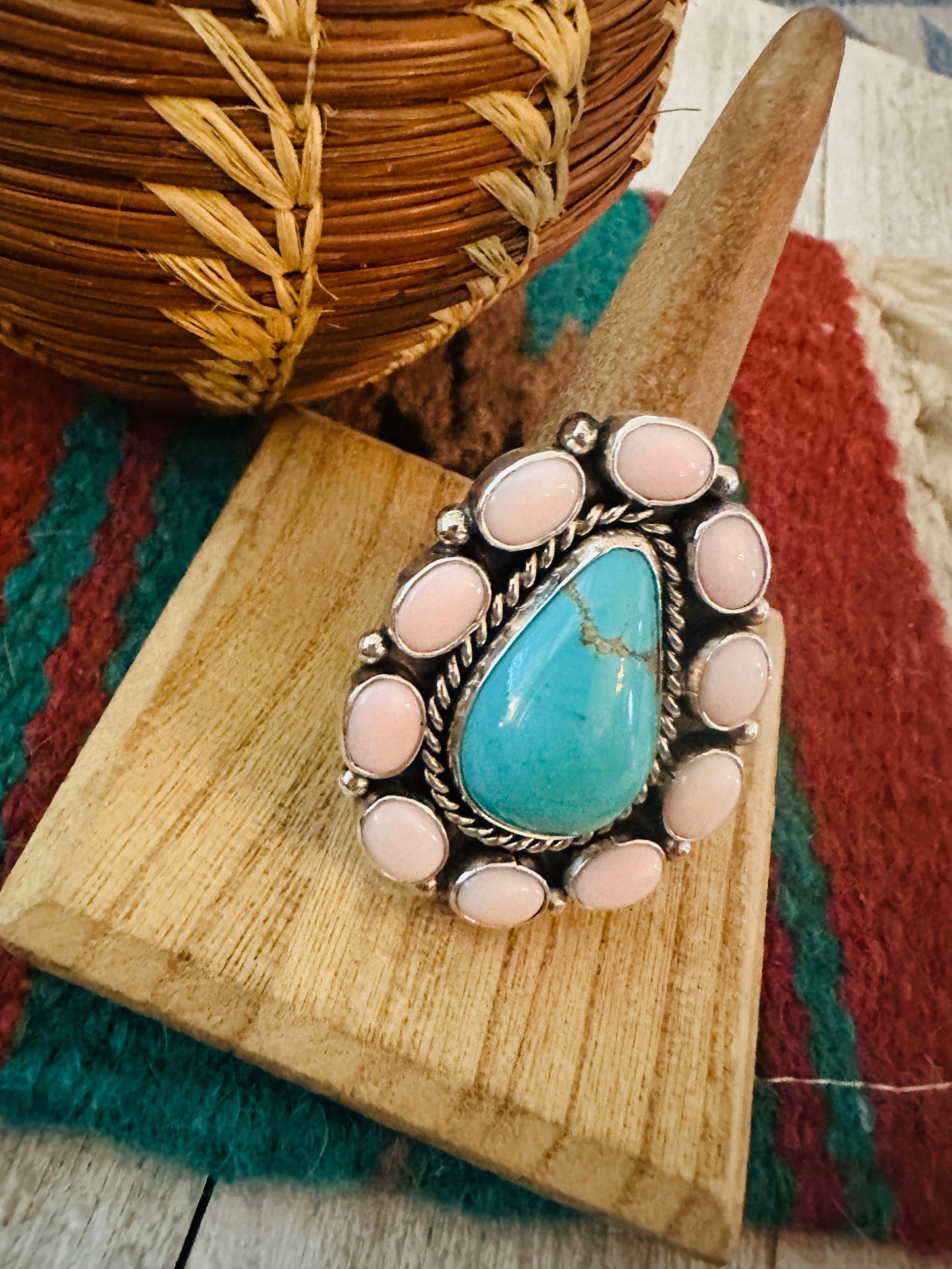 Navajo Sterling Silver, Queen Pink Conch & Turquoise Cluster Adjustable Ring