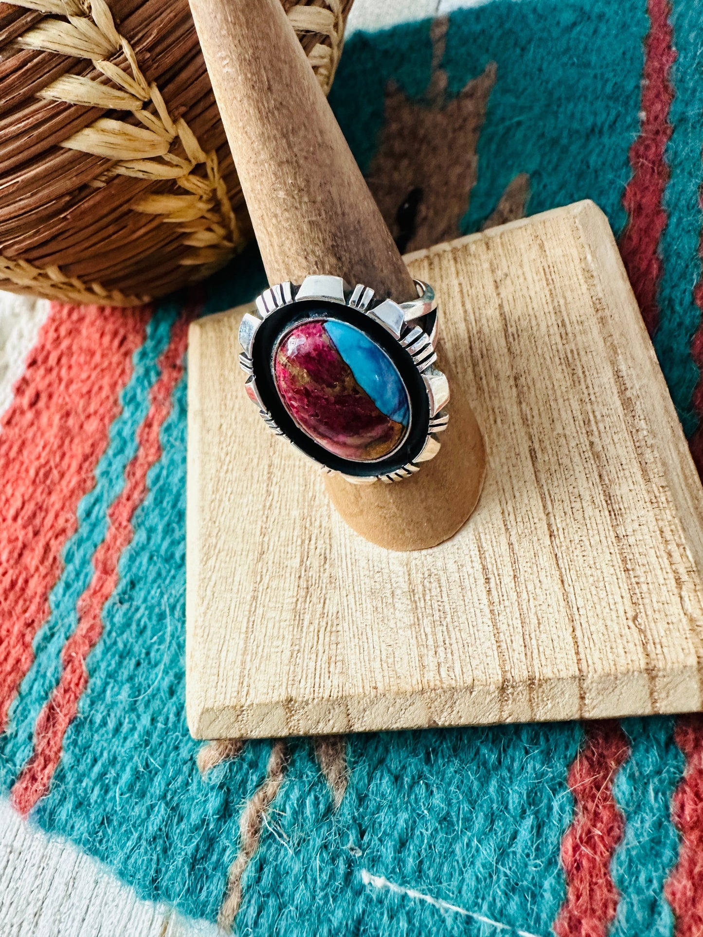 Navajo Sterling Silver & Pink Dream Mojave Adjustable Ring