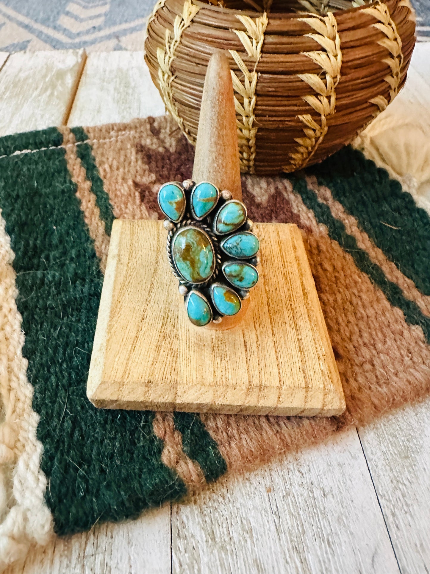 Navajo Turquoise & Sterling Silver Cluster Adjustable Ring