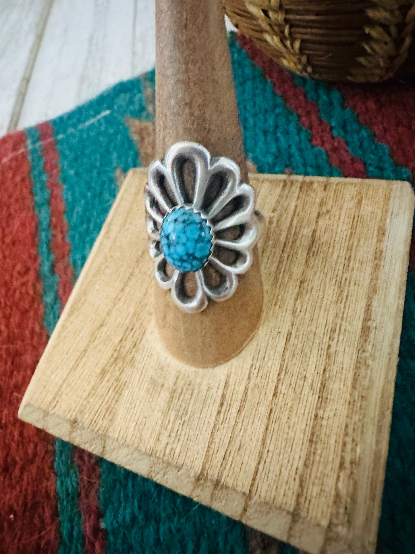 Navajo Sterling Silver & Kingman Turquoise Flower Ring