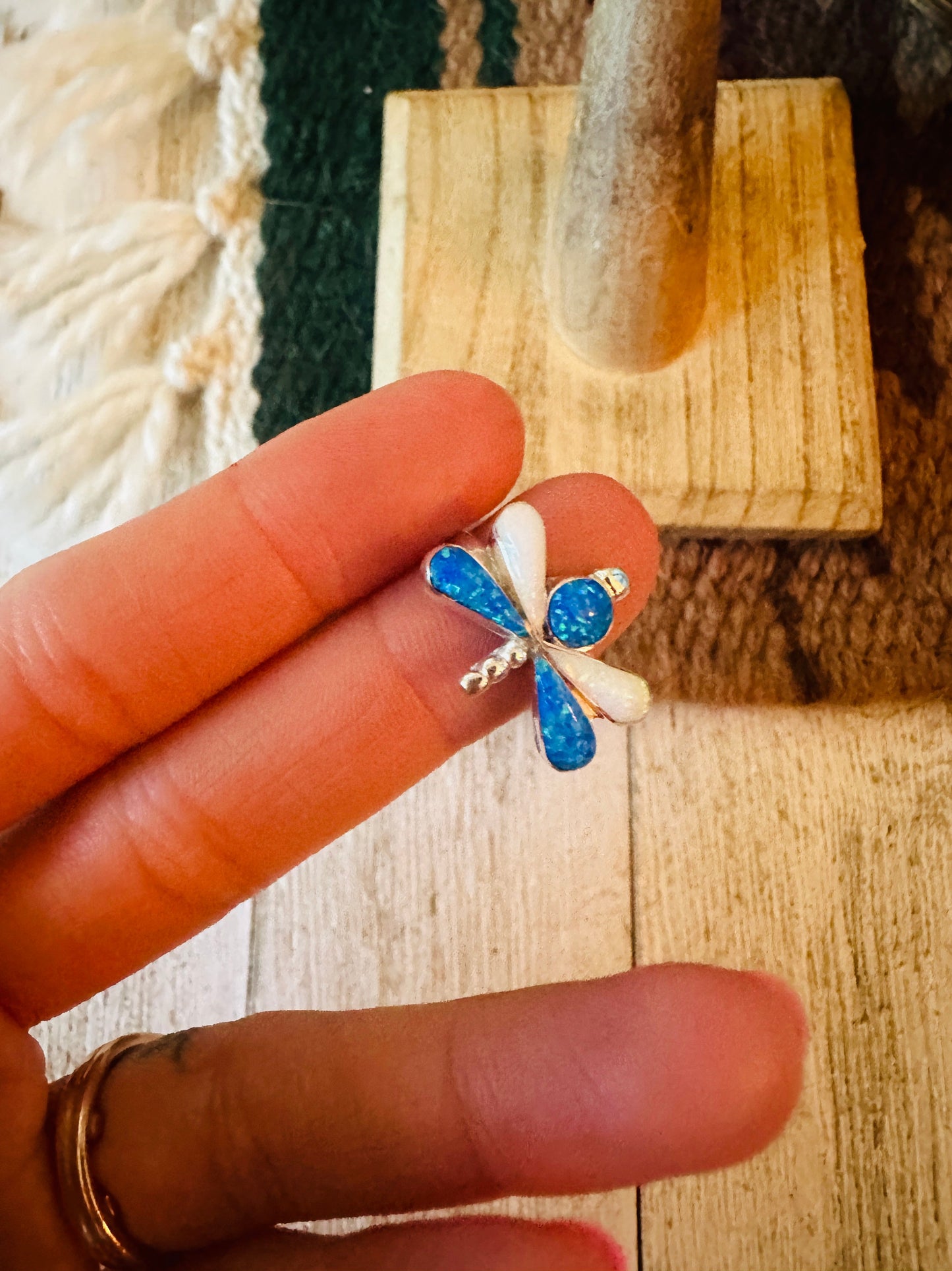 Navajo Sterling Silver, Blue & White Opal Dragonfly Ring